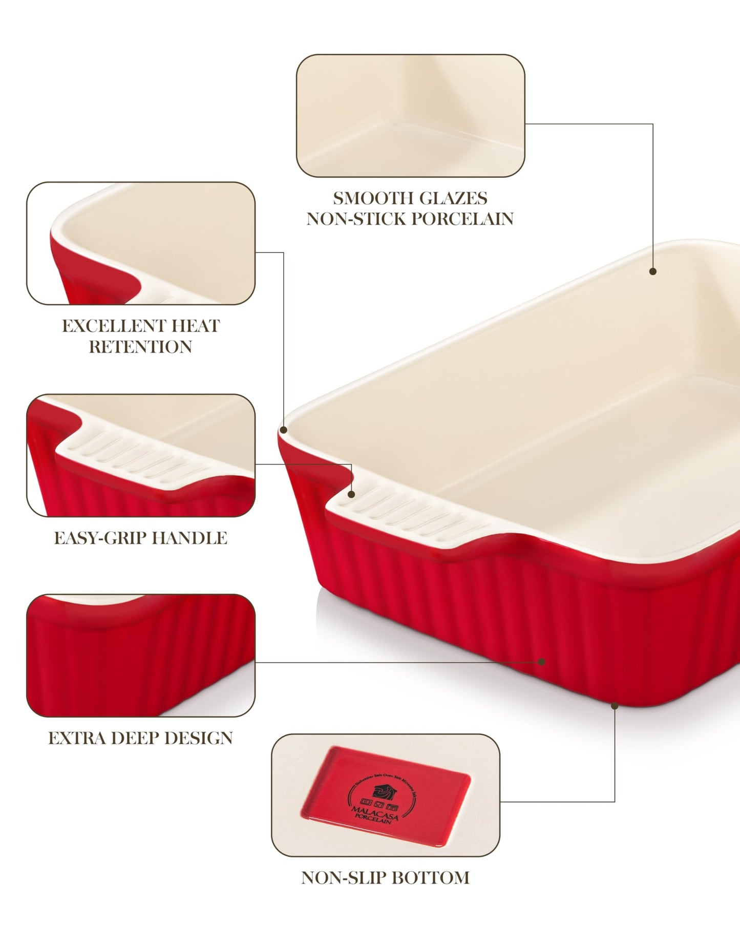 MALACASA 4.4 QT Baking Dish, 9x13 Large Casserole Dish for Oven, Ceramic Baking Pan, Rectangular Lasagna Pan Deep with Handles for Baking, Durable Microwave Oven Safe, Red, Series BAKE-BAKE