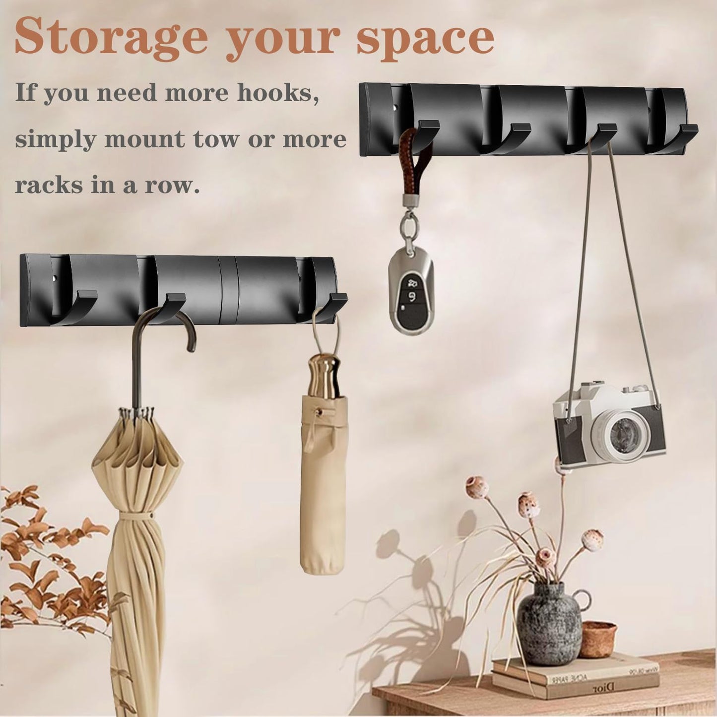 Vanloory Folding Coat Hooks, Wall Mounted Coat Rack with 8 Retractable Hooks, Heavy Duty Towel Rack for Bathroom Wall Hook for Hanging Clothes Bathrobe, Stainless Steel Coat Hanger for Entryway(Black)