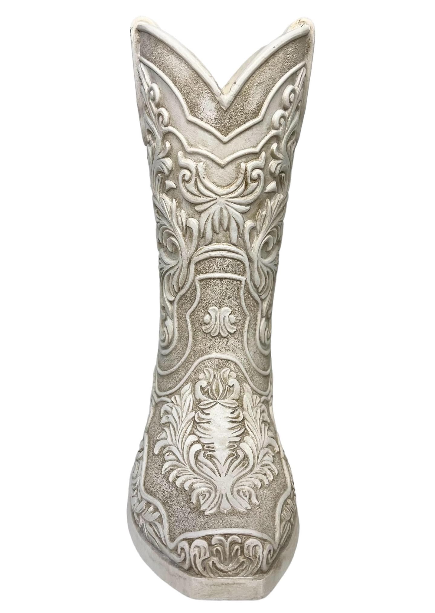 Cowgirl Boot Flower Vase – 9” Tall Antique White Finish with Intricate Tooled Leather Detailing - Decorative Western Cowboy Modern Rustic Decor