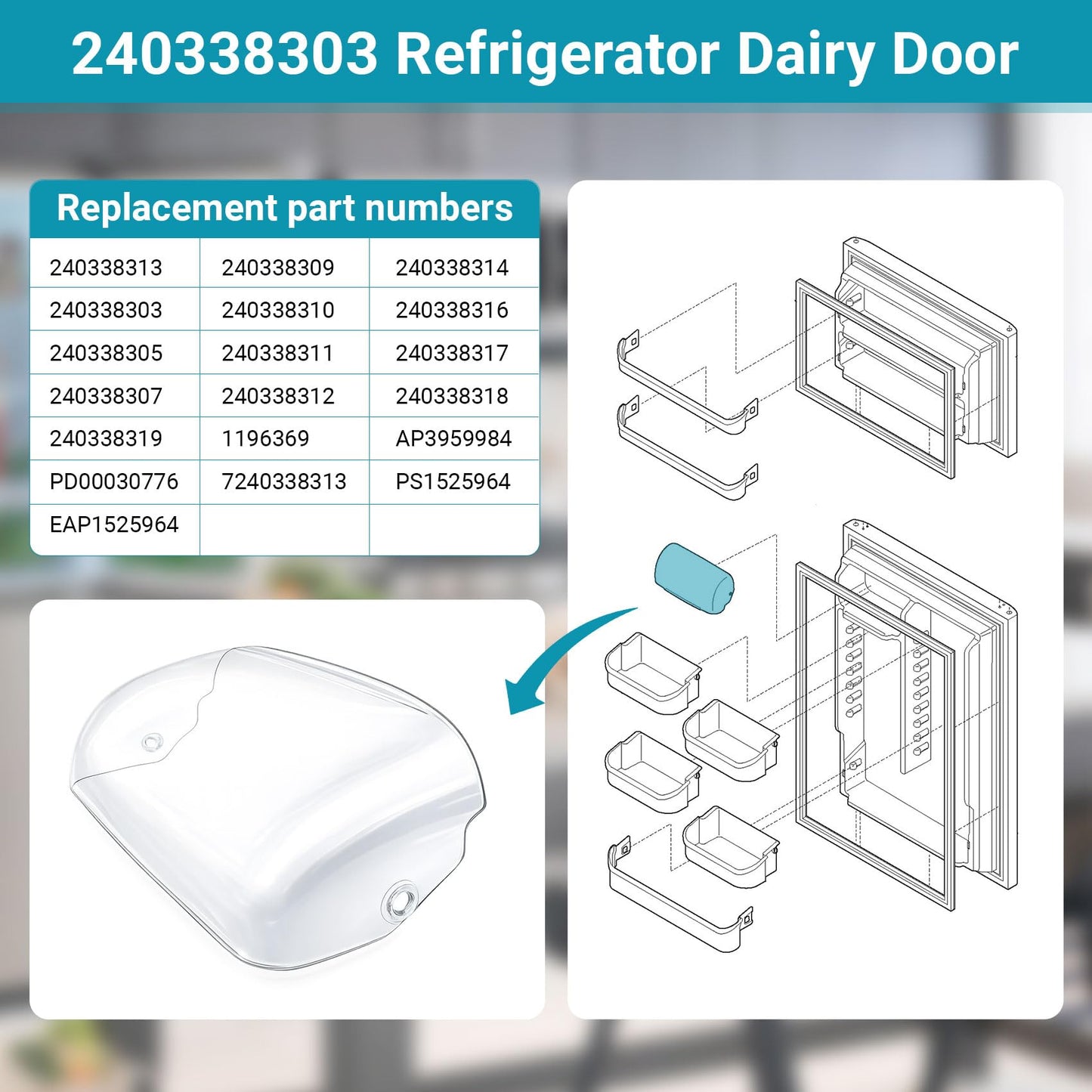 240338313, 240338303 Refrigerator Dairy Door Compatible with frigidaire, kenmore, electrolux, crosley Fridge. Replace Dairy Bin Cover 240338305 240338316 1196369 240338310 240338311 240338322 etc.