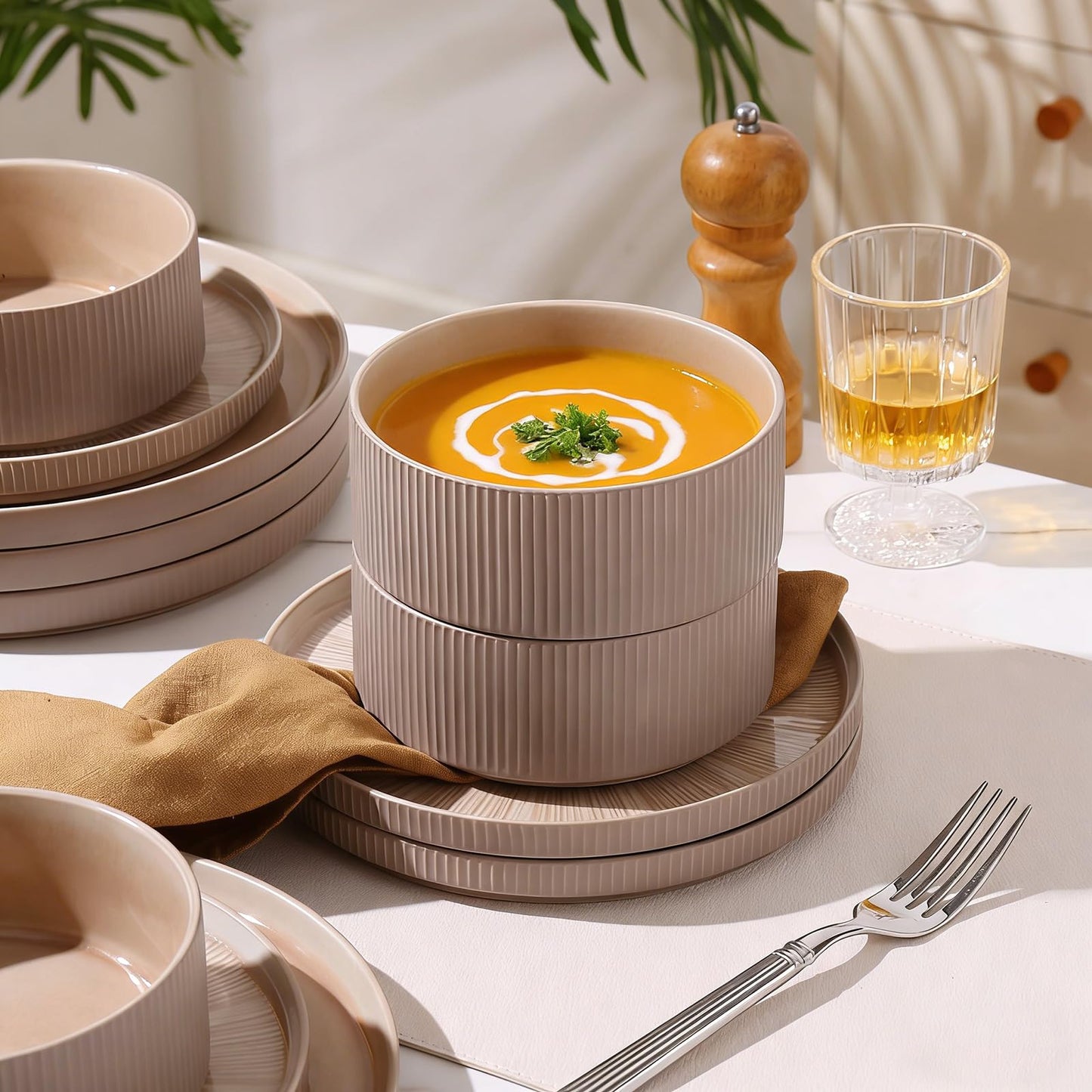 ALOFMO Dinnerware Sets for 4, Ceramic Plates and Bowls Set 12 Piece Dinnerware Chip Resistant Stoneware with Advanced Inkjet Printing Technology, Dishwasher and Microwave Safe-Dusty Brown