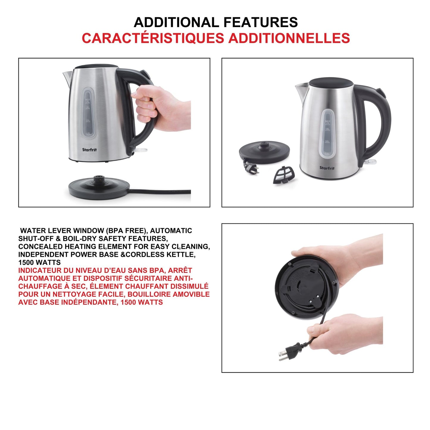Starfrit Electric Kettle - 1.7L - Water Level Window - Automatic Shut-Off - 1500W