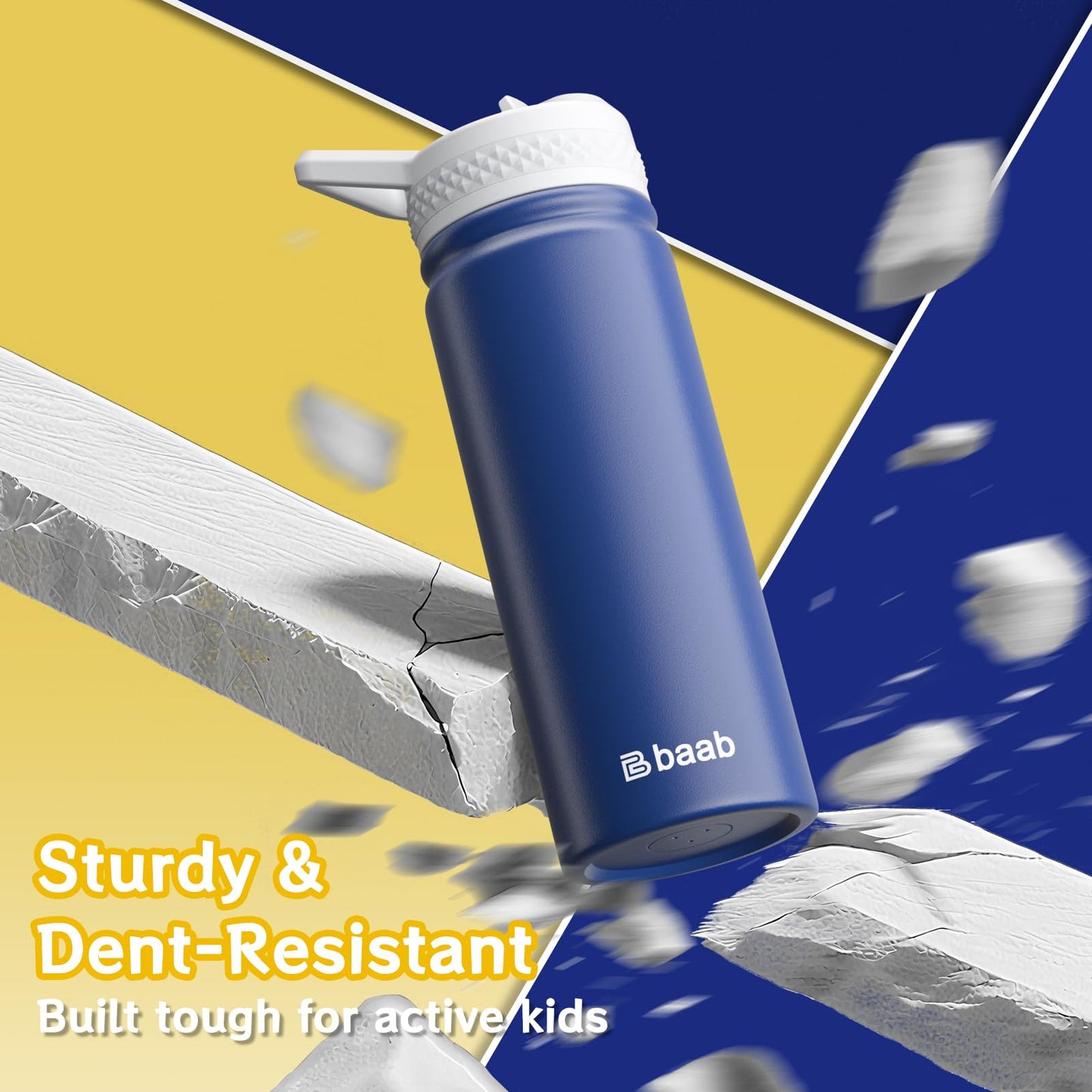 baab 18oz Kids Water Bottle, Insulated Water Bottle with Straw & Stickers, 18/8 Stainless Steel Vacuum Leakproof Kids Water Straw Cup for School, Gift for Boy Girl (Navy Blue+Light Blue, 2 Pack)