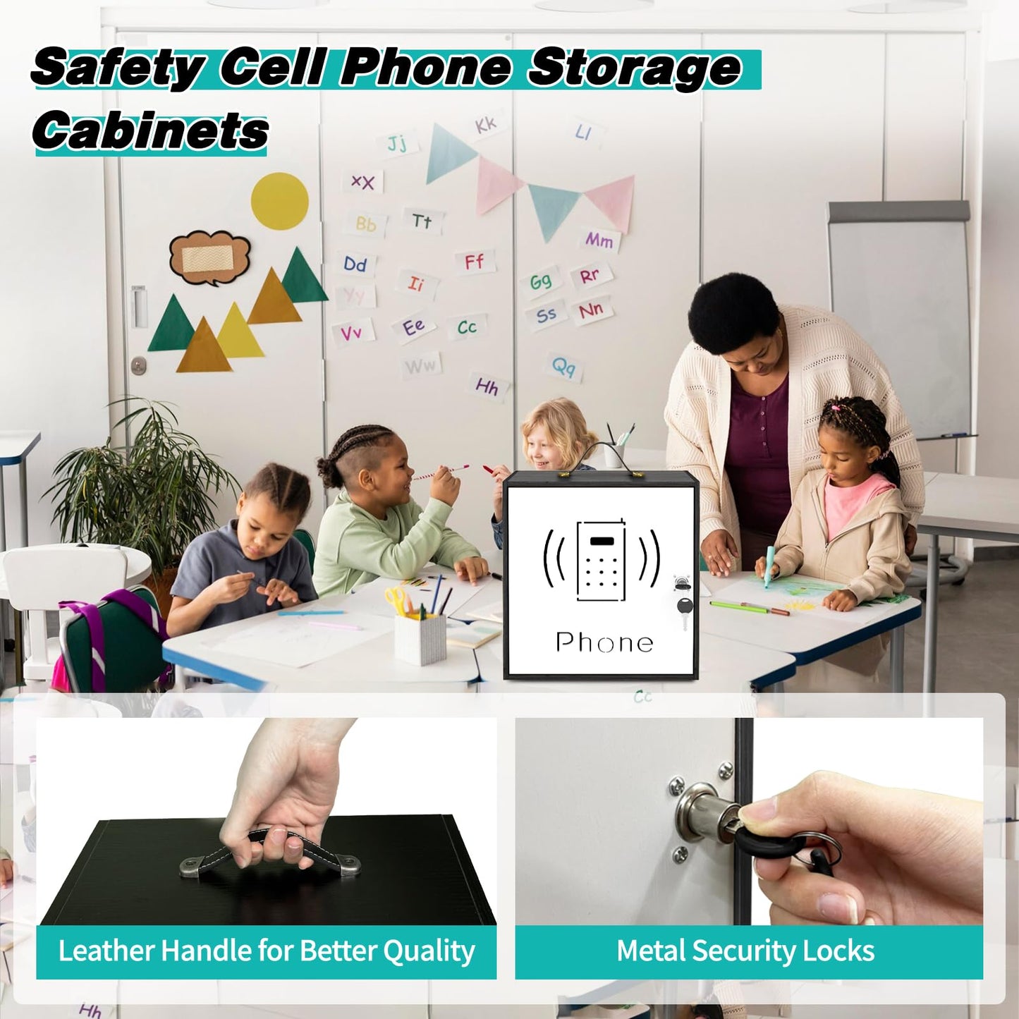 HZE Cell Phone Holder Classroom, 31 Slots, Wooden, Cell Phone Lock Box Pocket Chart with Handle and Security Lock for Storage and Organizer for Teacher, School (Black)