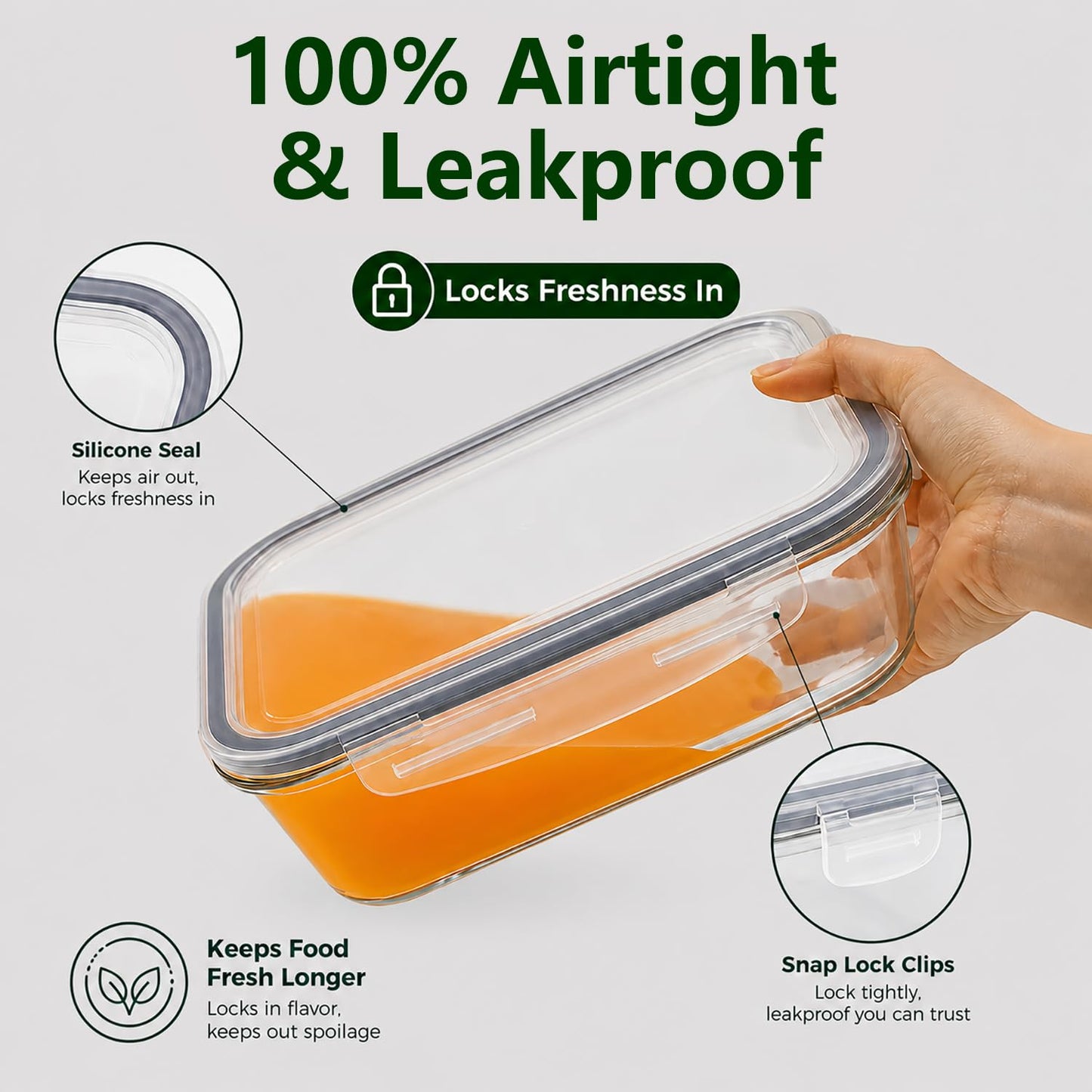 Peaktent 2 Pack 63oz Large Glass Storage Containers with Lids Big Meal Prep Food Container Set for Storing food, vegetables or fruits, BPA Free, Freezer Dishwasher Oven Safe (gray)