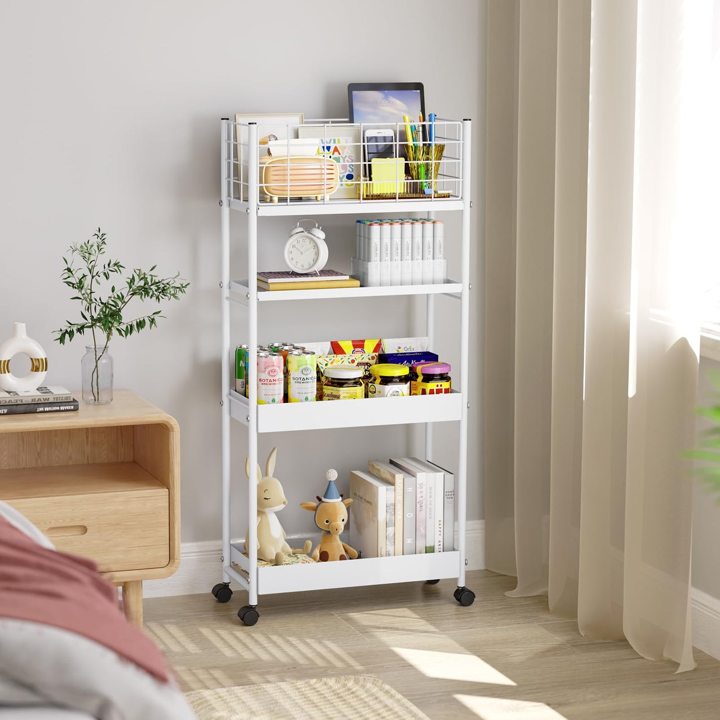 KINGRACK Slim Rolling Storage Cart 4 Tier - Heavy Duty Metal Utility Cart with Raised Edge & Wheels, Narrow Mobile Organizer Shelves for Bathroom, Kitchen, Laundry, Office, Living Room, White