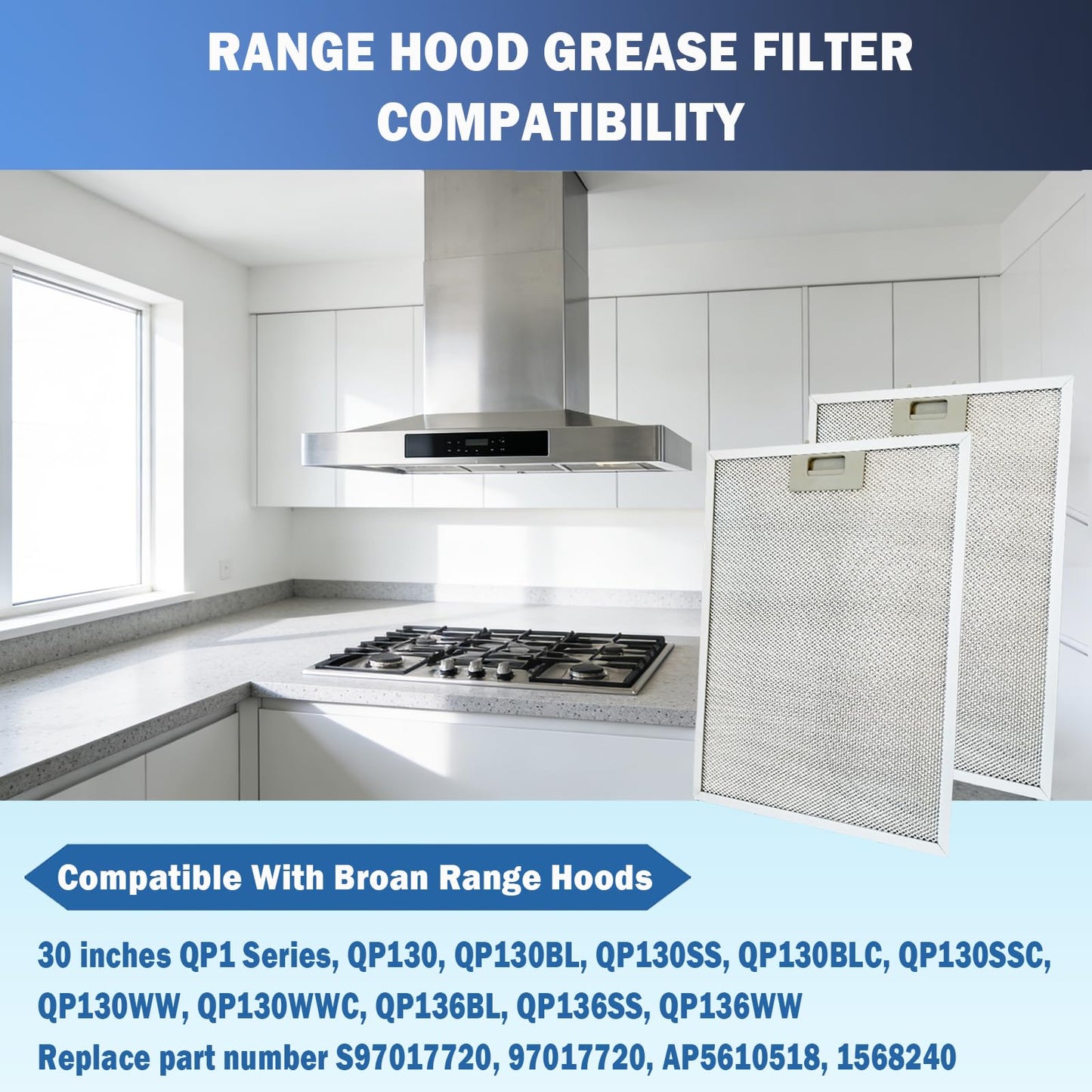 4 Pack BPPFA30 Range Hood Grease Vent Filter 11.81" x 16.25" Fit for Broan QP130 QP130BL QP130SS QP130BLC, Replace Part Number Replace S97017720, 97017720, AP5610518, 1568240
