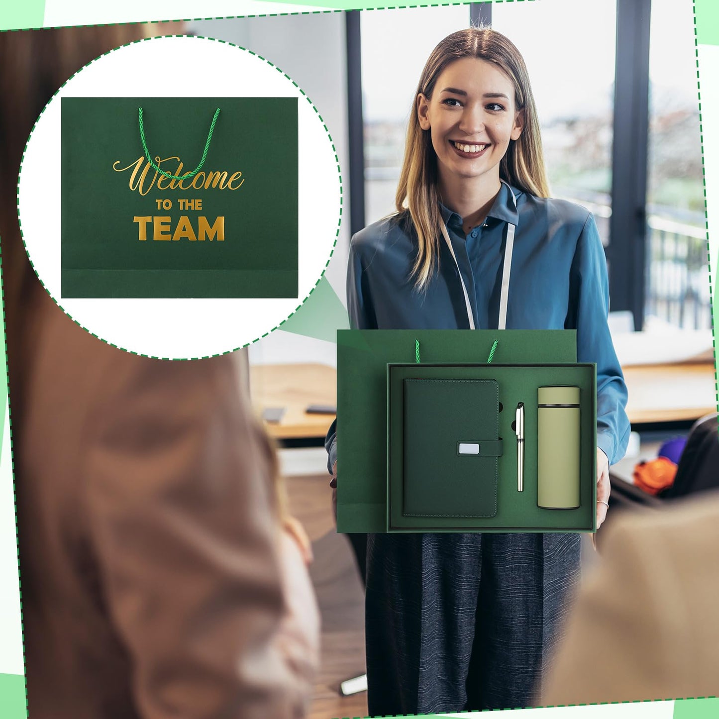 Thenshop Set of 5 New Employee Welcome to The Team Gift Sets Notebook Pen and Tumbler Welcome to The Team Box Employee Appreciation Gift Sets for New Worker Men Women Office(Green)