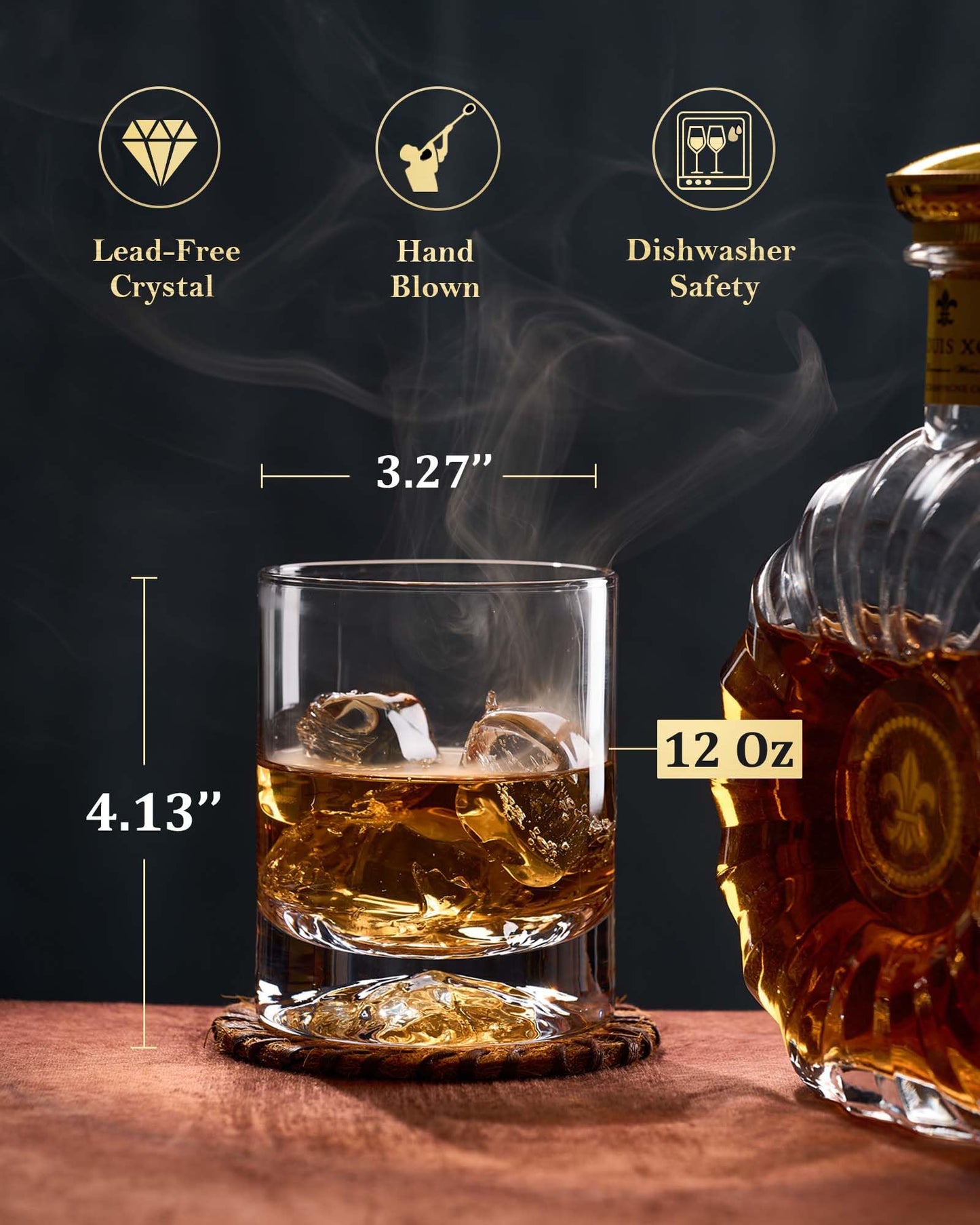 JBHO Hand Blown Crystal Double Old Fashioned Cocktail, Solid Whiskey Glasses, Rocks Glasses, Lowball Glasses - 12 Ounce - set of 2 - Perfect Size for Oversized Ice Cubes