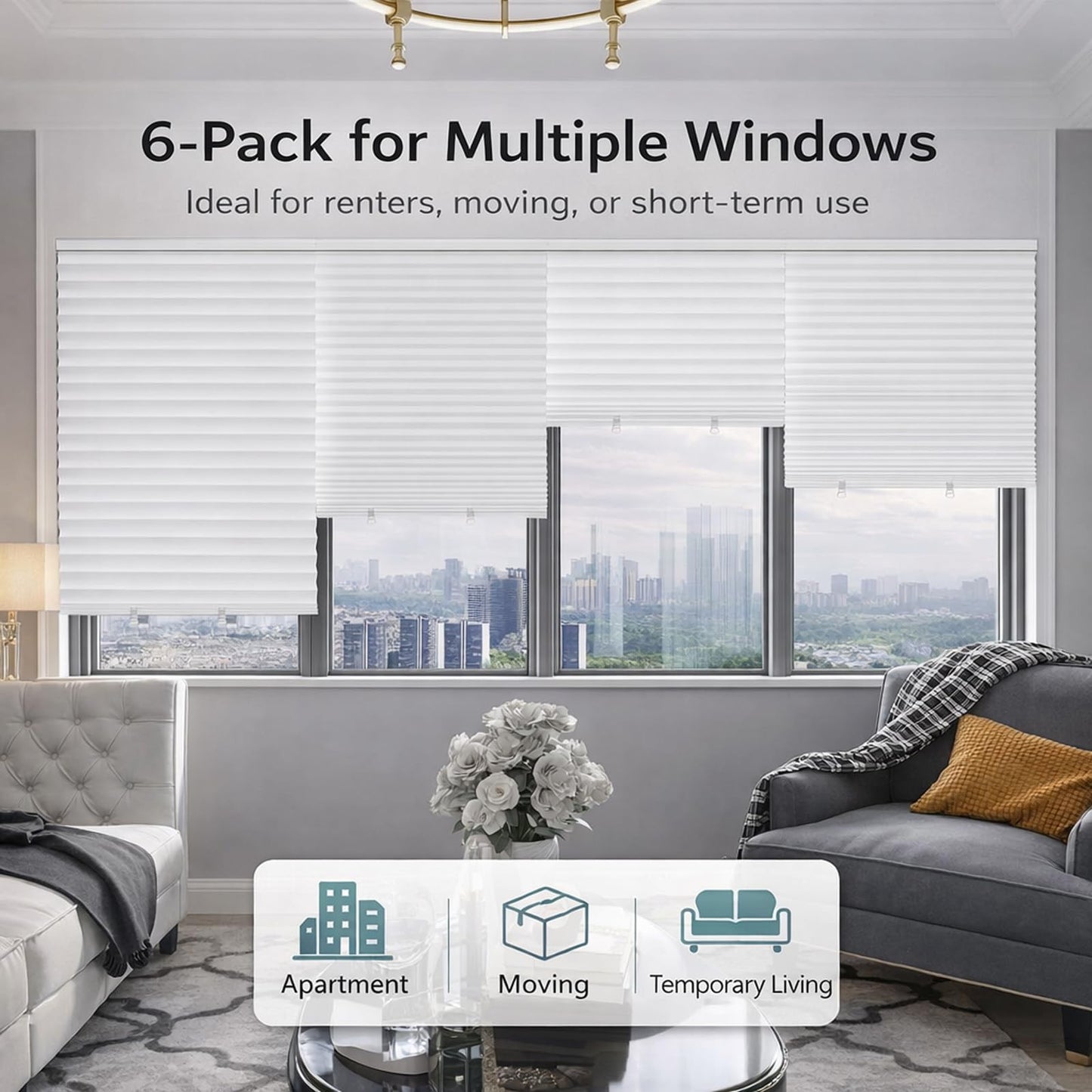Changshade 6 Pack Temporary Shades, Pleated Paper Blinds for Indoor Windows Cut to Size Adhesive Paper Shades No Tools No Drilling for Office, Bedroom, Living Room,36" W x 72" H,White