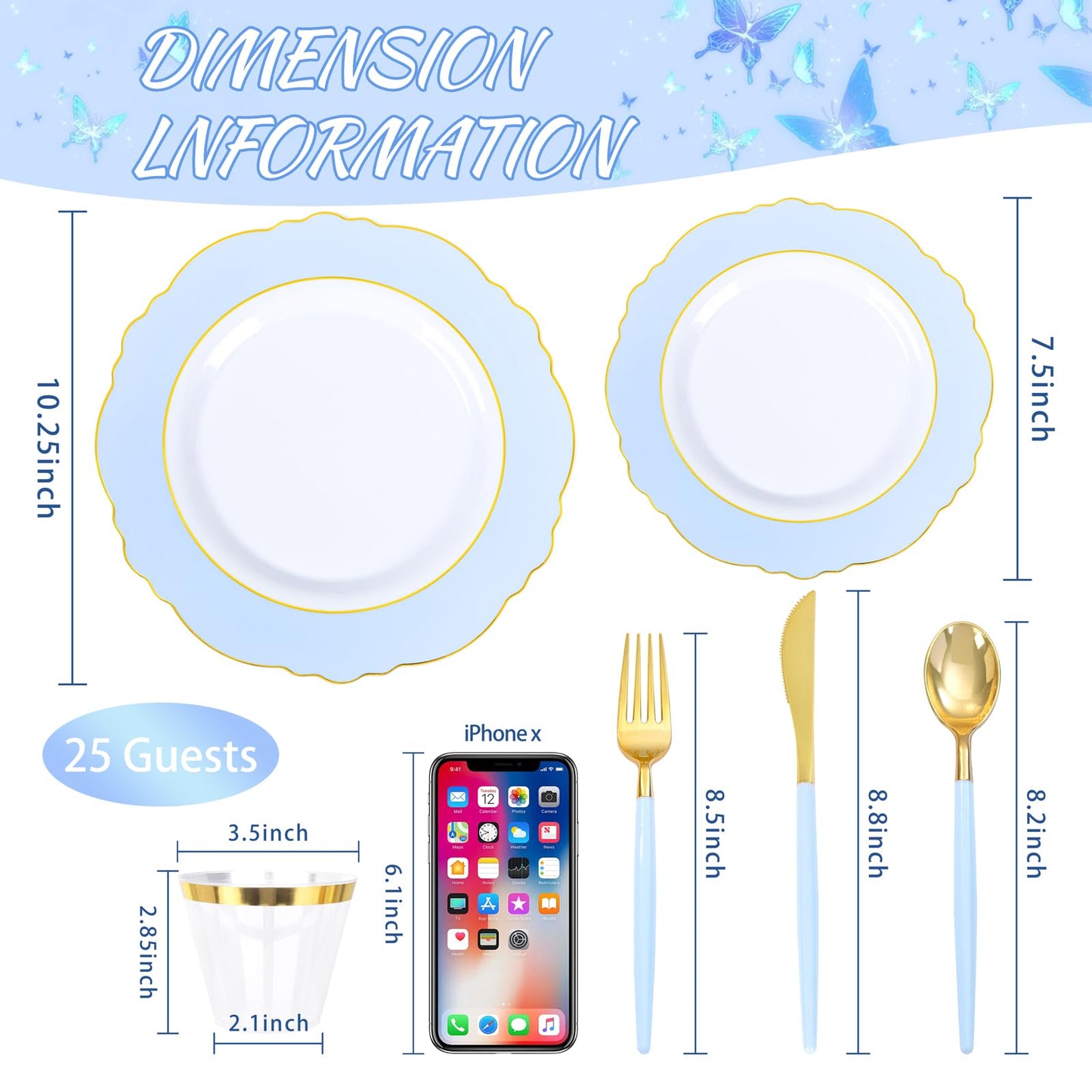 WDF 150pieces Baby Blue Plastic Plates with Gold Rim - Disposable Gold Plastic Silverware With Blue Handle-Baroque Light Blue&Gold Disposable Plates Dinnerware for Wedding/Party/Baby Shower
