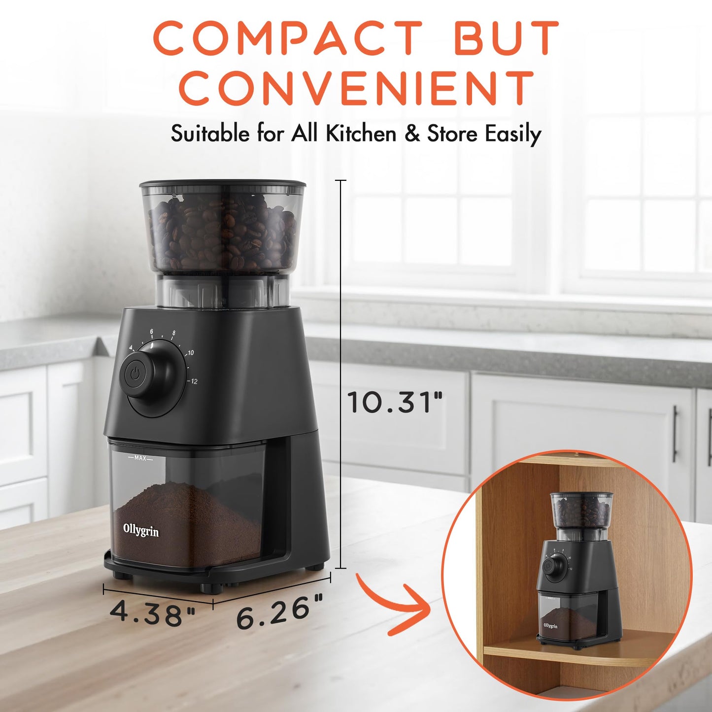 Ollygrin Conical Burr Coffee Grinder Electric, Coffee Grinder with 30 Grind Settings,Compact Burr Mill Grinder for Home Use, 2-12 Cups, Black