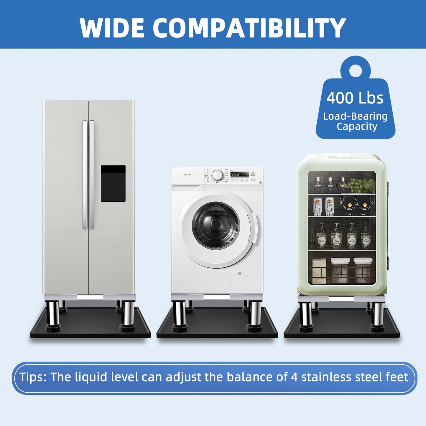 Mini Fridge Stand with Silicone Mat, Adjustable Refrigerator Stand with 4 Stainless steel Feet, 24''x 24'' Dorm Fridge Stand Protect From Appliance Leaks for Fridge, Washer, Dryer (7.3"-8.5" High)