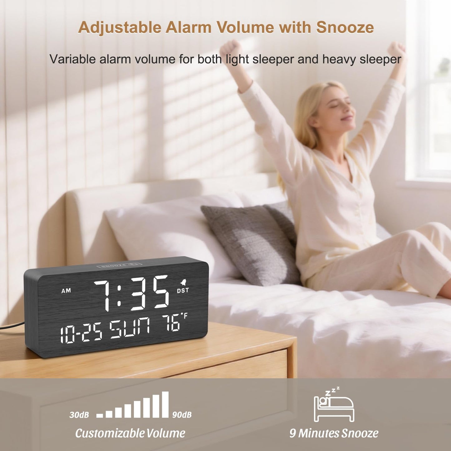 DreamSky Wooden Digital Alarm Clocks for Bedrooms - Living Room Desk Clock with Date and Day of Week, Temperature, USB Port, Dimmer Wheel, Adjustable Volume, Auto DST, Wood Decor for Office Table