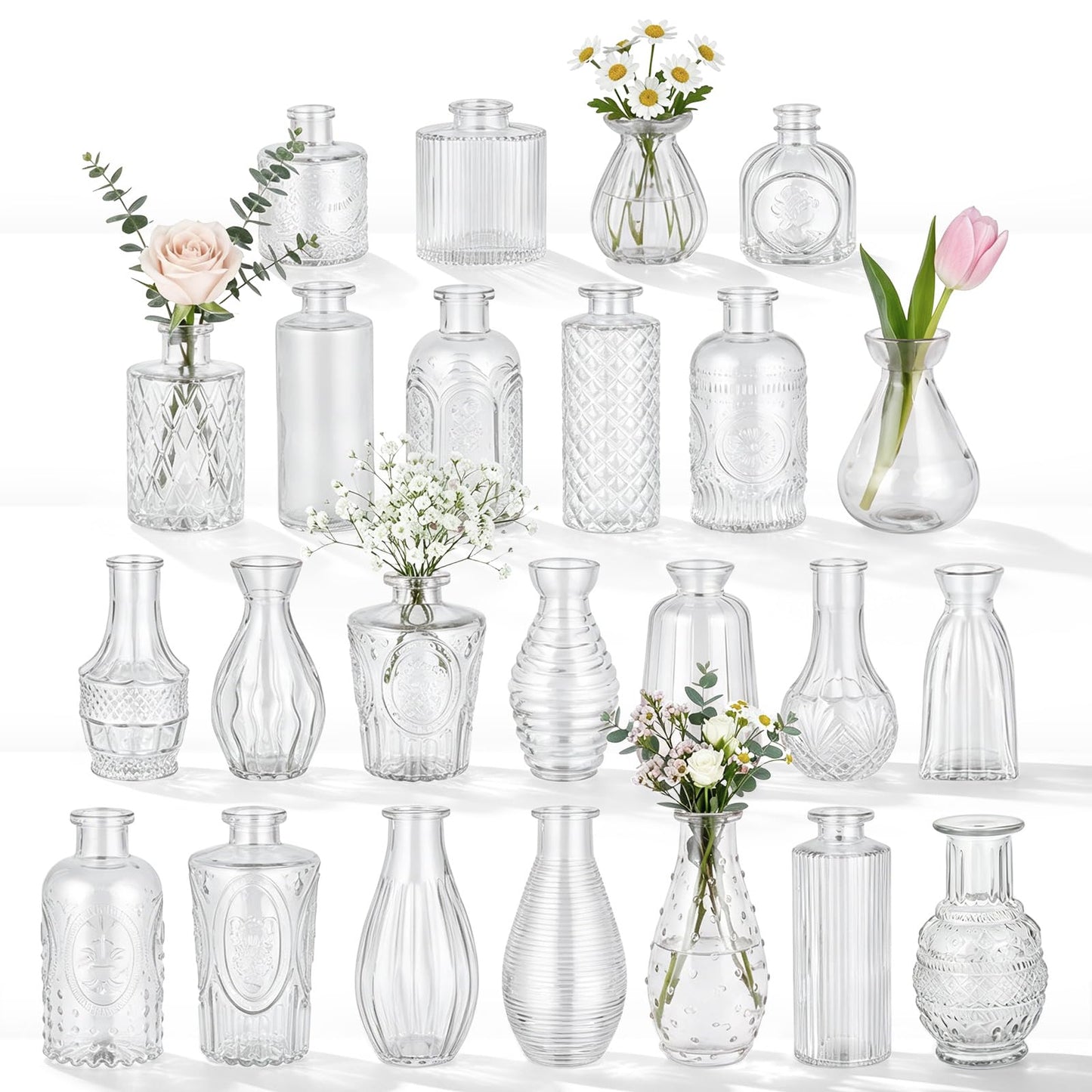 24 Pack Glass Bud Vase in Bulk - BEAHOT Clear Flower Vases for Wedding Decorations, Mini Vase for Centerpiece Table Decorations, Small Boho Vase for Home, Wedding Decor, Mother's Day, Party, Office