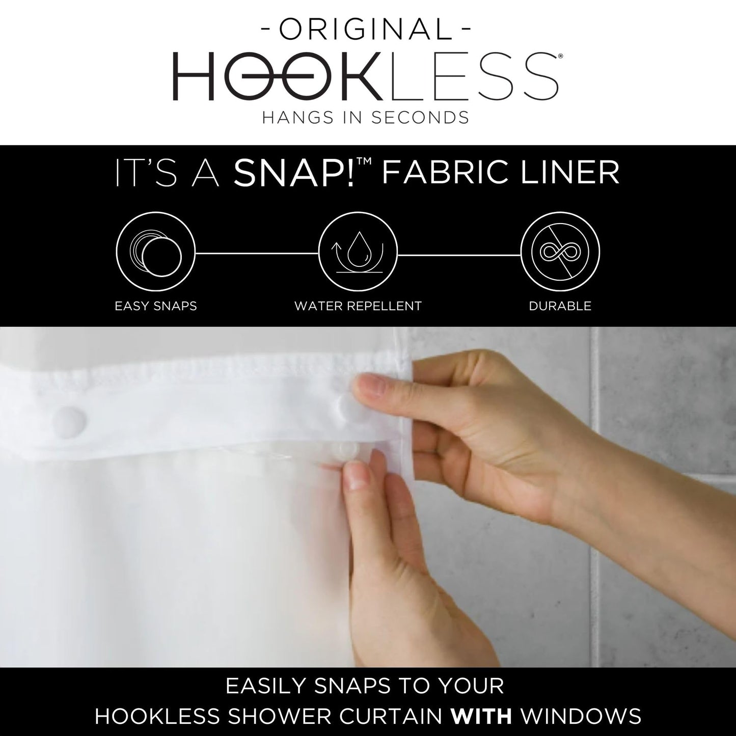 Hookless It's A Snap! 3-in-1 Shower Curtain With Waffle Fabric, Sheer Top Window, Flex-On Rings & Liner, 71" x 74", White