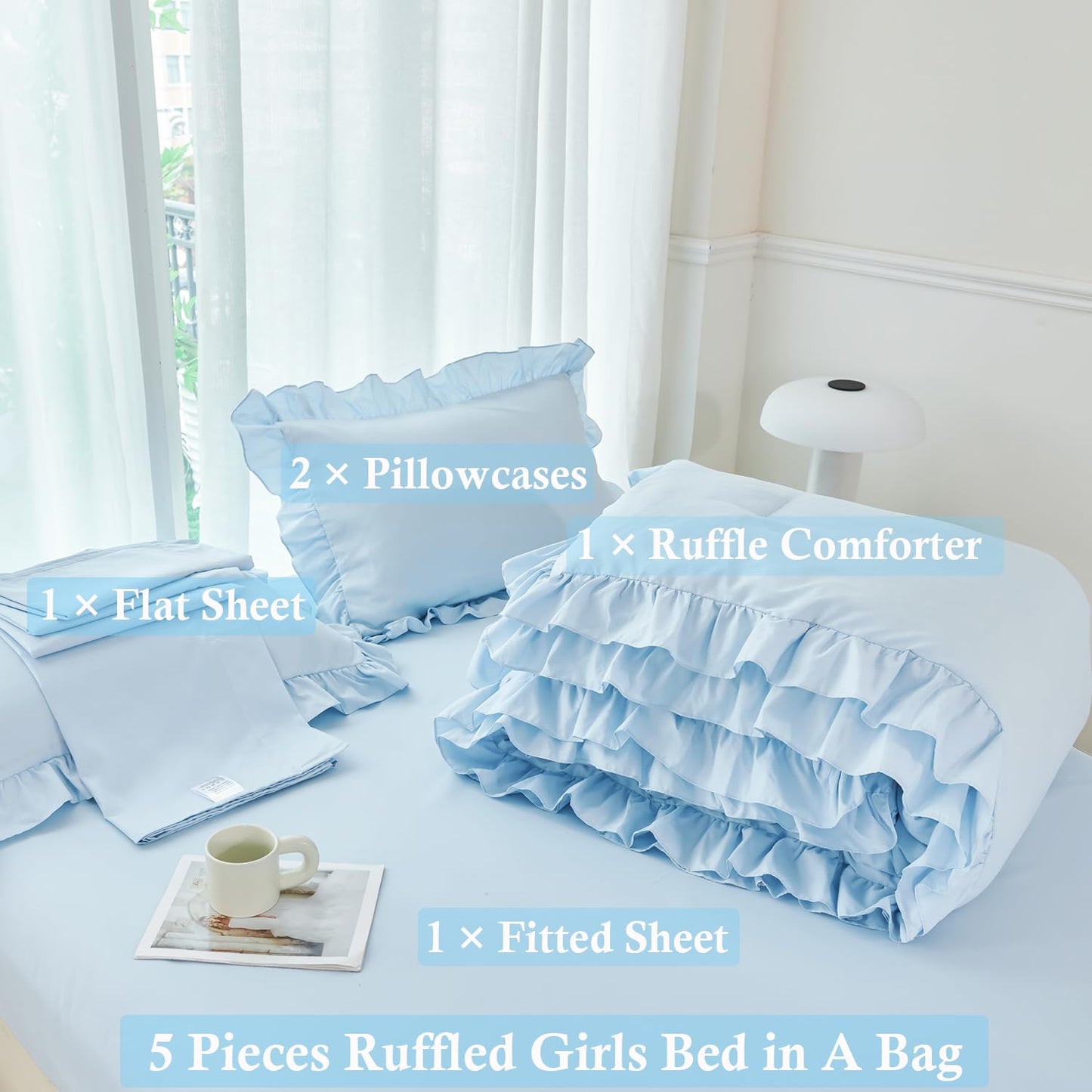 ANGIYUIN Light Blue Ruffle Girls Comforter Set Twin Size 5 Pieces Ruffled Farmhouse Bed in A Bag Solid Boho Bedding Comforter Sets Soft Fluffy Bed Sets for Kids Girl(Light Blue Twin)