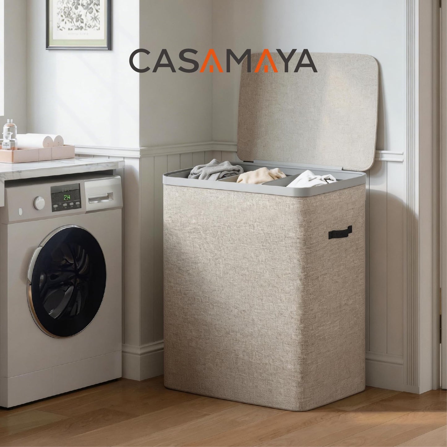 CASAMAYA Laundry Basket with Lid, Laundry Hamper 3 Section, 190L collapsible Laundry Organizer, Easy Assembly, with Handles and Removable Liners, 25.2 x 15.7 x 29.5 Inches, Beige JSP904M