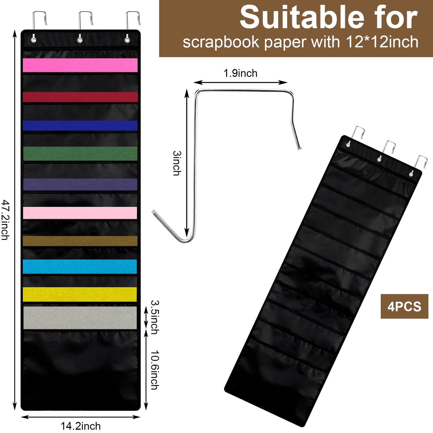 Henoyso 4 Pcs 10 Pockets Paper Storage Organizer 12 x 12 Inch Vinyl Roll Holder Scrapbook Hanging Wall File Organizer with Door Hangers for Office Cardstock Craft (Black)