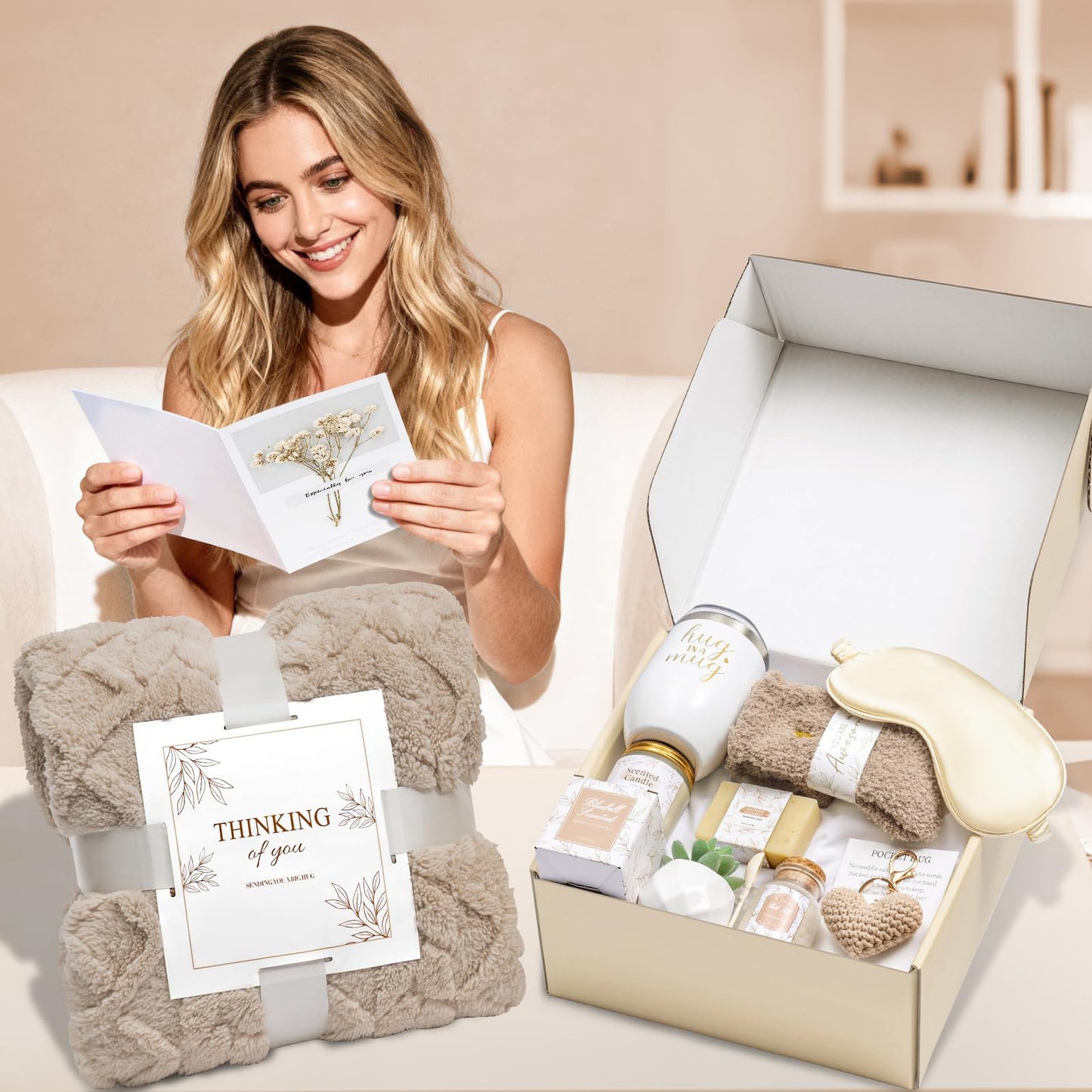 Get Well Gifts for Women Self Care Gifts Basket - Relaxing Spa Care Package After Surgery Mothers Day gifts - Feel Better Sympathy Mothersday Birthday Gift for Her Mom Sister Friend Wife (Khaki)