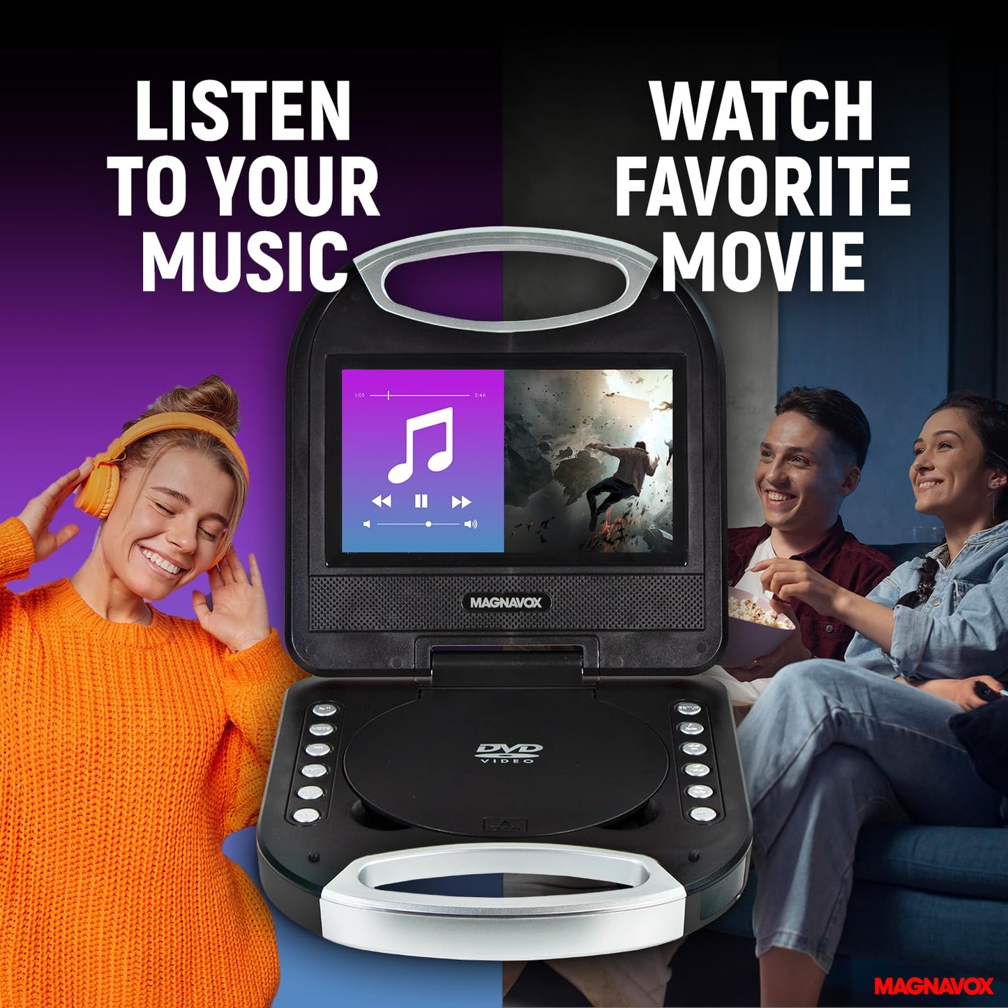 Magnavox MTFT750-BK Portable 7 inch TFT DVD/CD Player with Remote Control and Car Adapter in Black | Rechargeable Battery | Headphone Jack | Built-In Speakers |