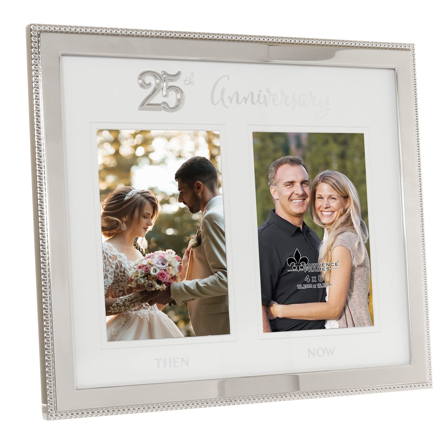 4x6 Double Silver Beaded Metal 25th Anniversary Picture Frame, Then and Now