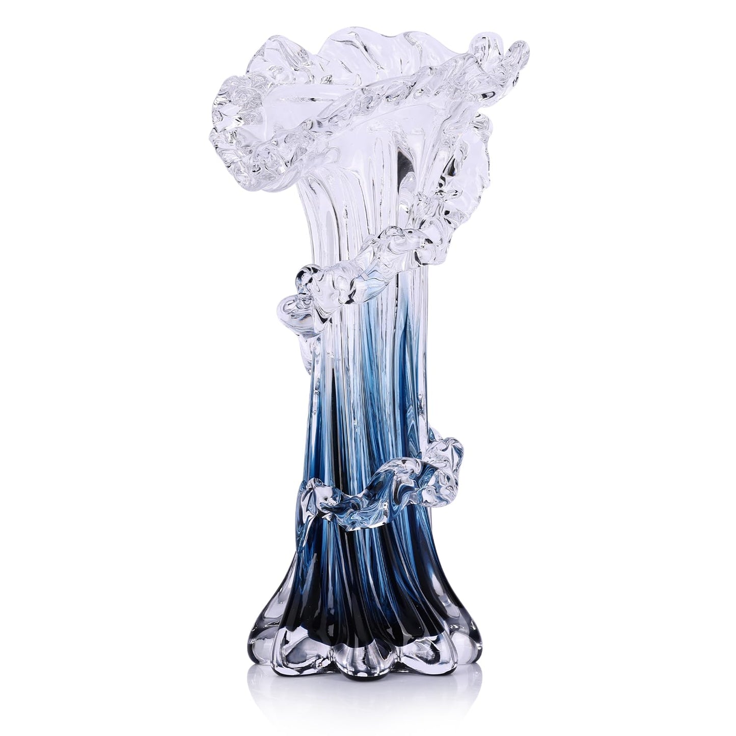 Hand Blown Blue Glass Vase, Unique Art Beautiful Ocean Glass Vase for Coastal Home Decor, Coffee Table, Living Room, Office Decor - 9.8" H (Medium)