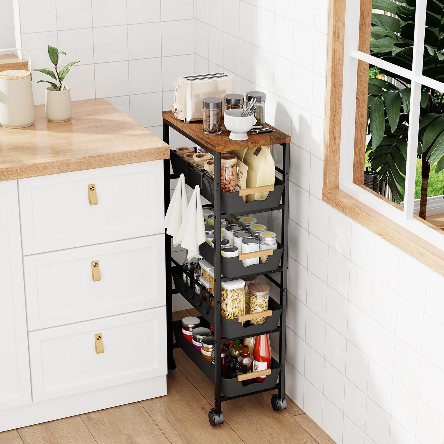 Landmok 5-Tier Slim Storage Cart, Wooden Top Rolling Kitchen Cart with Pull-Out Baskets & Wheels, Narrow Space Utility Cart Slide Out Organizer for Kitchen, Bathroom, Laundry Room, Black