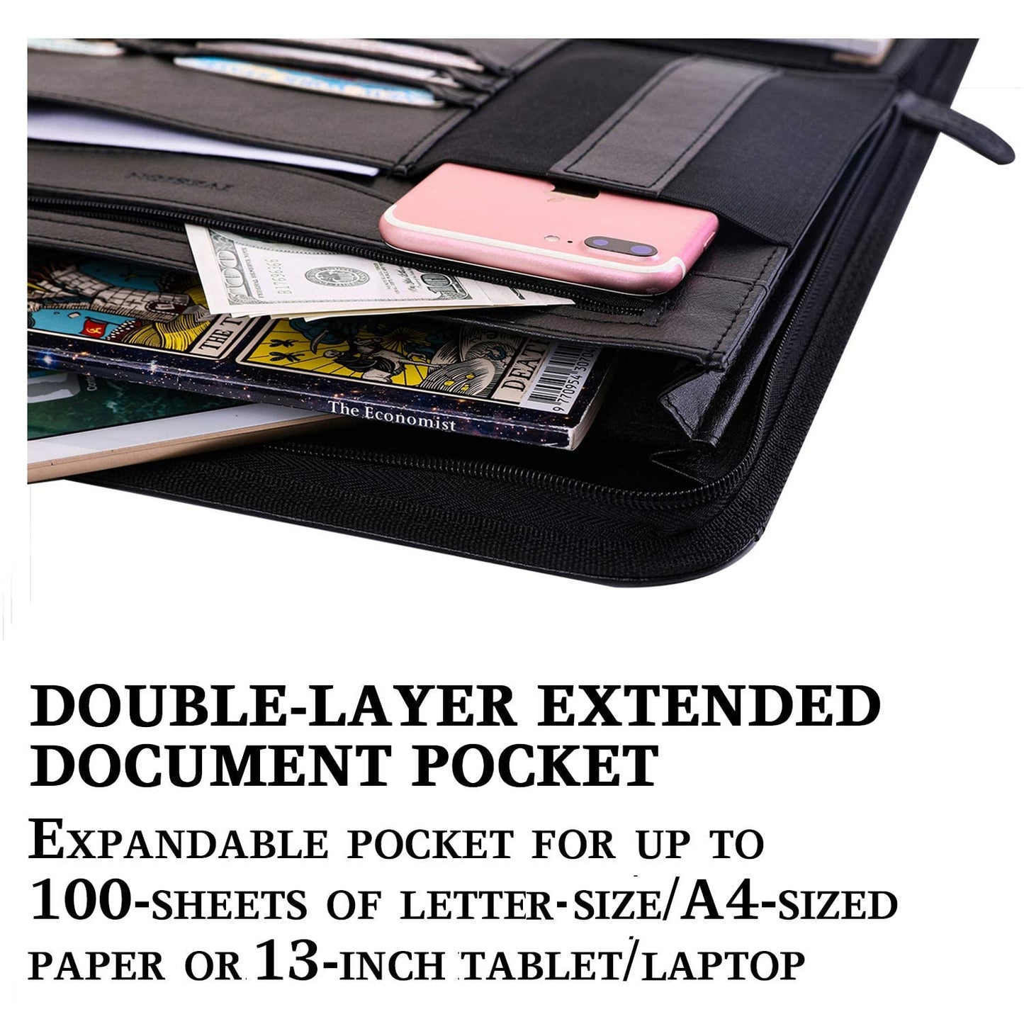 IVESIGN Zippered Padfolio for Women & Men Resume Portfolio Folder Vegan Leather Salesman Business Organizer Planner,with Writing Pad Interior 10.1 Inch Tablet Sleeve Black