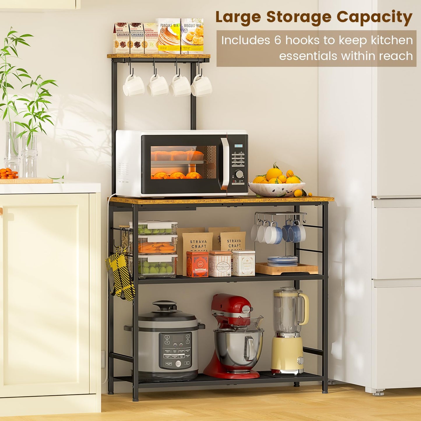 3IngSeagulls Bakers Rack with Storage, Kitchen Microwave Stand with Adjustable shelf and 6 S Hooks, 4-Tier Coffee Station Table, Kitchen Shelves for Spices, Pots, Rustic Brown