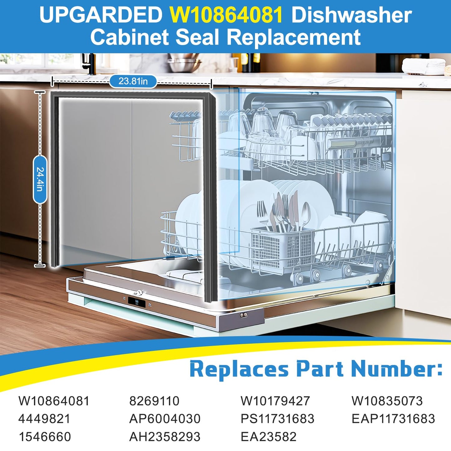 UPGRADED W10864081 Dishwasher Door Seal Replacement Compatible with Whirlpool Kitchenaid Dishwasher Parts, W10179427 Dishwasher Cabinet Seal Gasket Fits Model (MDB KDTE WDTA 7GU 665)