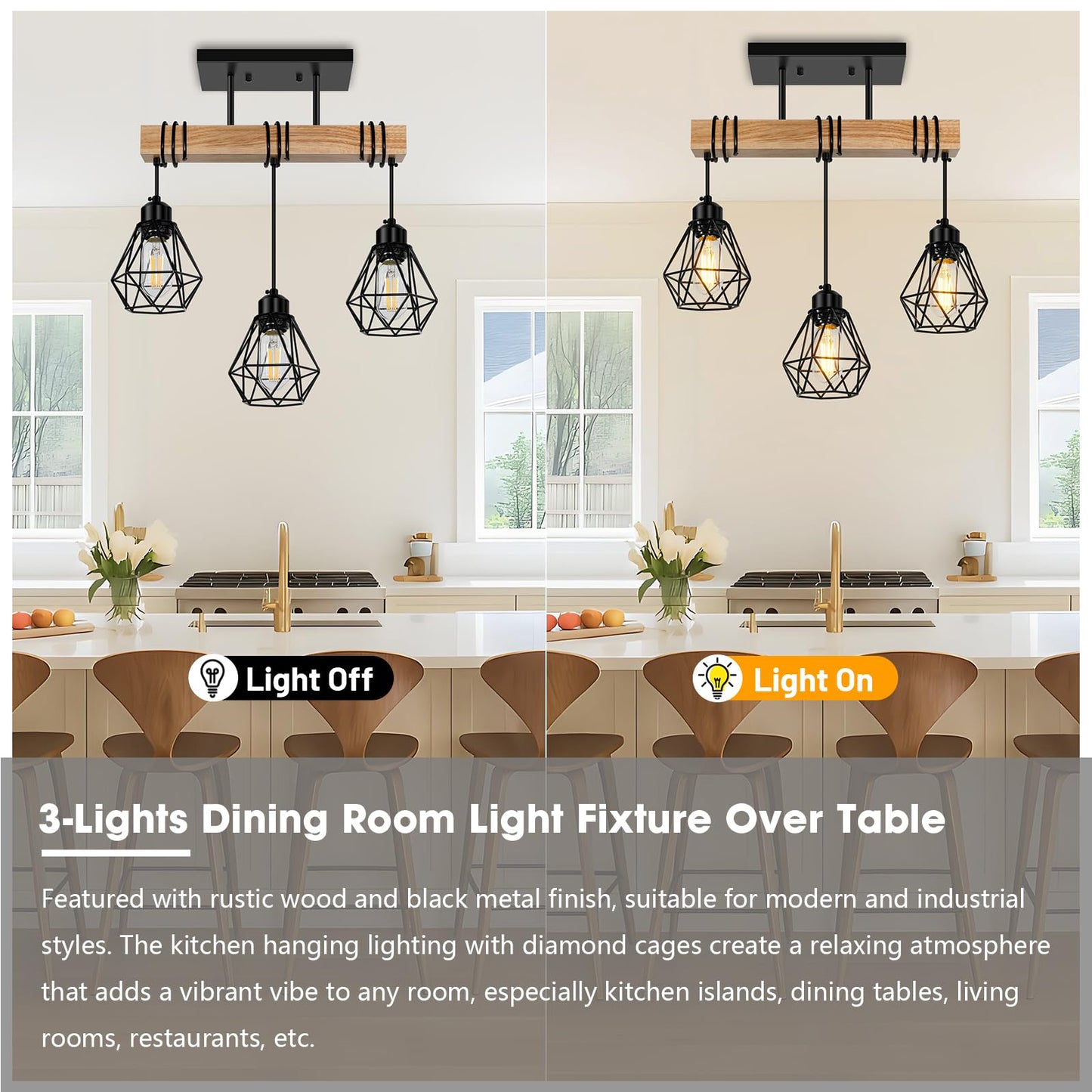 Feanron 3-Lights Farmhouse Dining Room Pendant Light Fixtures Over Table, Rustic Solid Wood Kitchen Island Lighting Hanging with Metal Shades, Modern Black Ceiling Pendant Lamp for Living Room Hallway