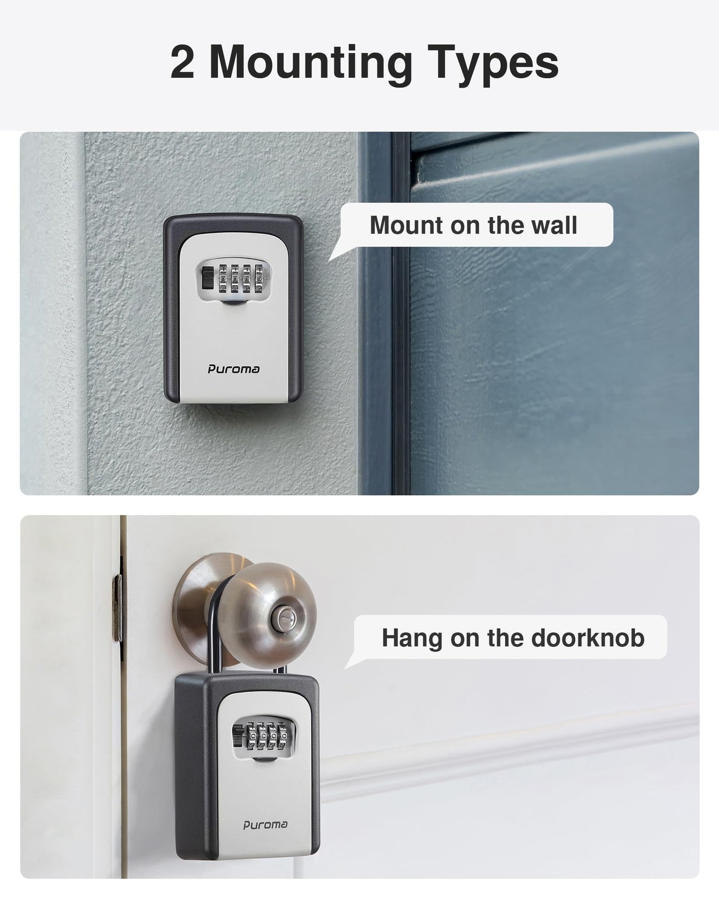 Puroma Lock Box, Large Key Lock Box Resettable Combination Code Lockbox, Portable Wall Mount Lockbox Security Safe Box for Outside Outdoor Home Office Door Handle House Key, Gray (2 Pack)