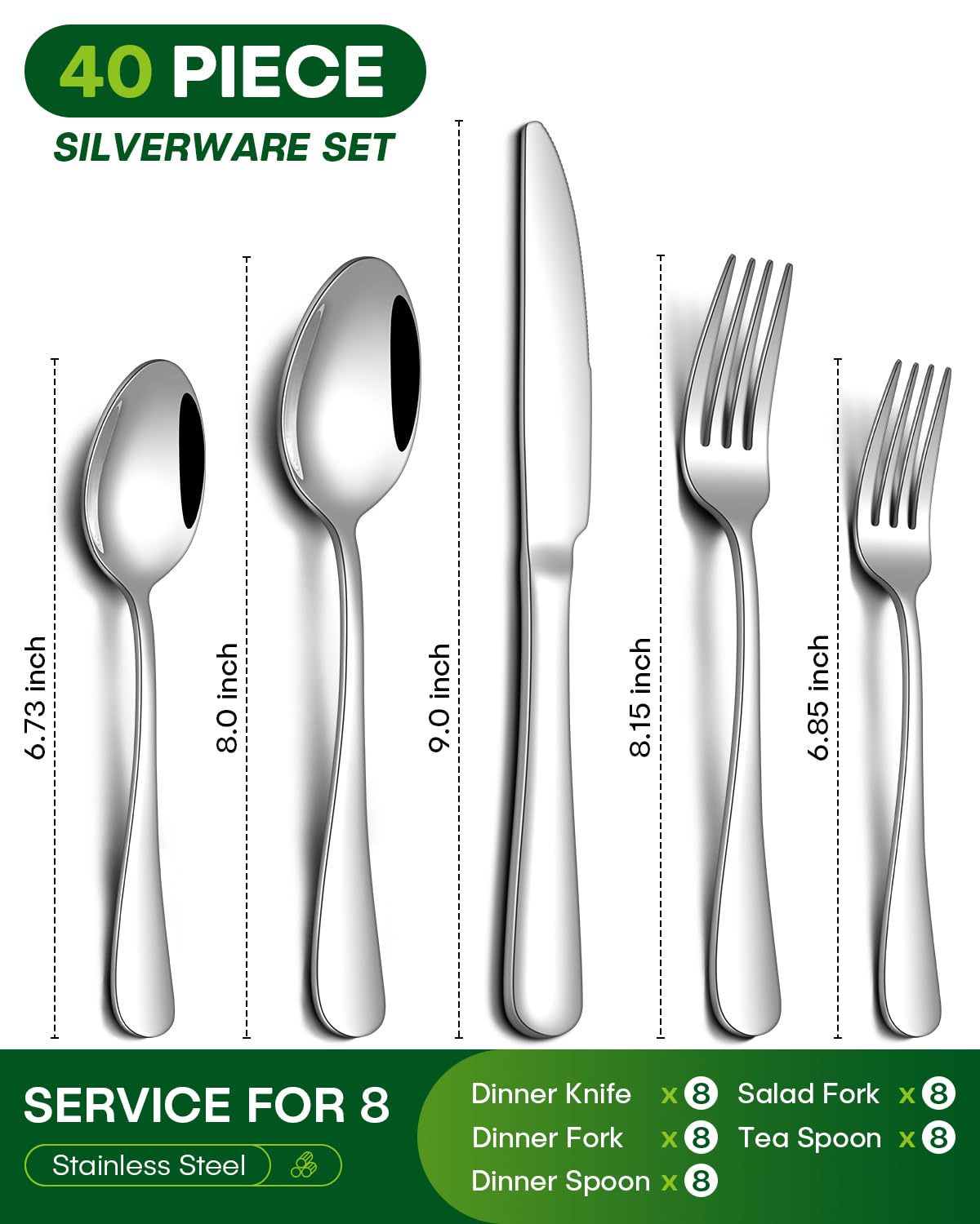 PHILIPALA 40 Piece Silverware Set, Stainless Steel Flatware Set for 8 Food Grade Novelty Flatware Cutlery Utensil Set Include Knife Fork Spoon Mirror Polished Dishwasher Safe