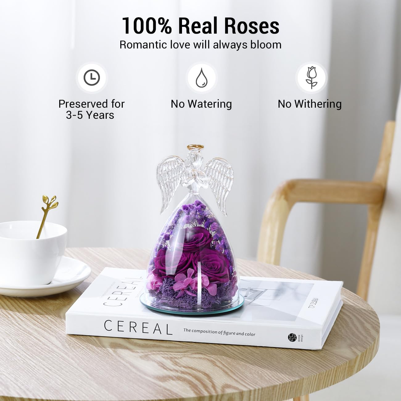 Emibele Mother's Day Angel Rose Gifts for Mom Grandma, Preserved Real Rose in Glass Angel Figurines, Eternal Flower Rose Gifts for Women on Birthday Valentines Anniversary Thanksgiving, Purple