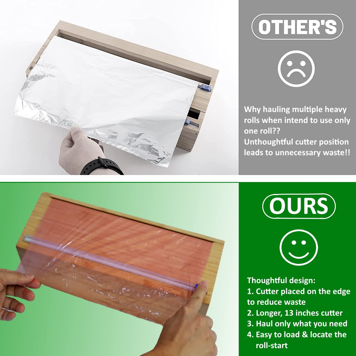 Extra Large Vacuum Sealer Bag Roll Dispenser with Slide Cutter - Reusable, Extra Large Bamboo Plastic Wrap Dispenser for Most 12" Rolls