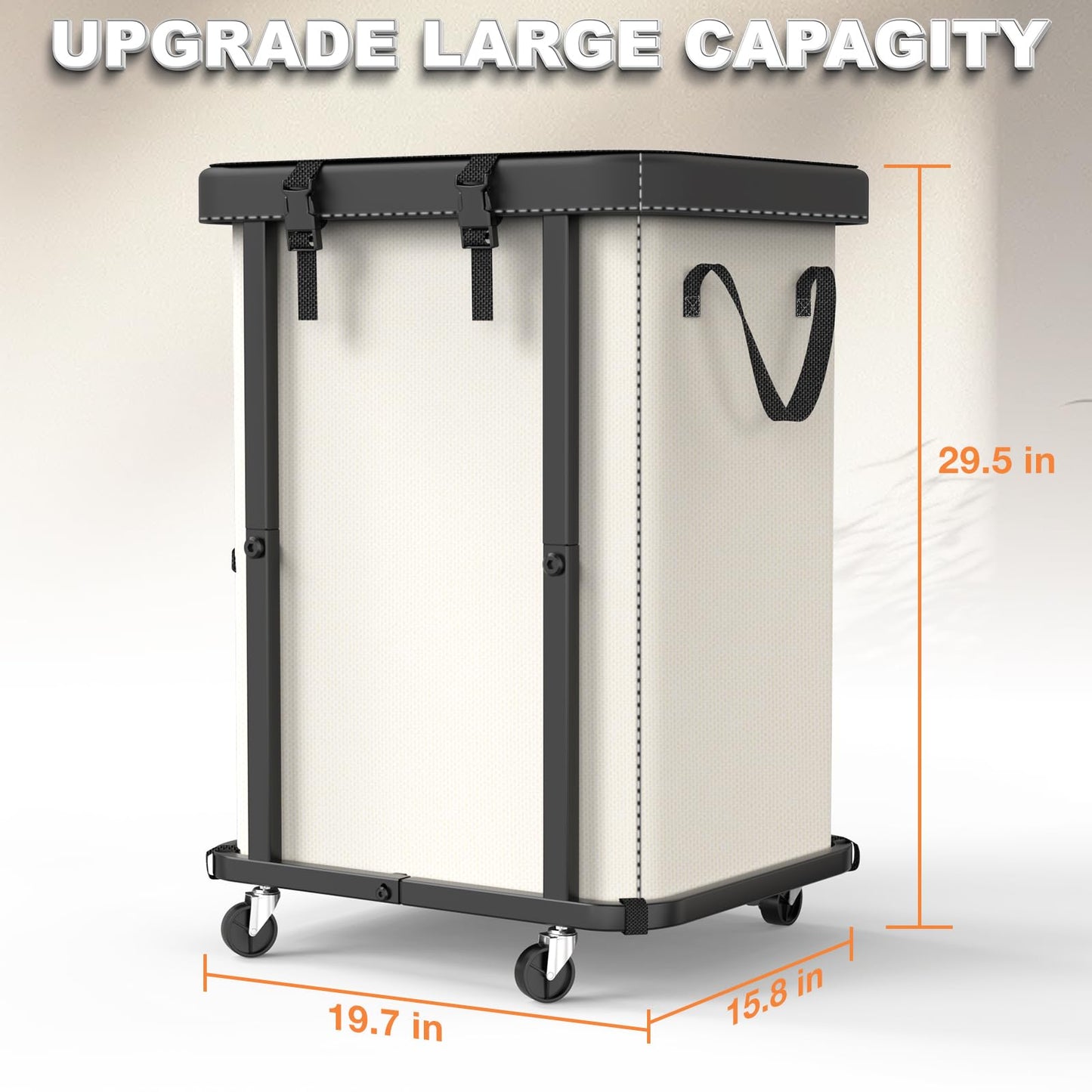 150L (40 Gal) Large Fashion Laundry Basket with Wheels, Leather Patchwork Rolling Hamper Carts, Sturdy Metal Frame, Removable Washable Bag, Tall Clothes Sorter for Bedroom, Laundry Room - Beige