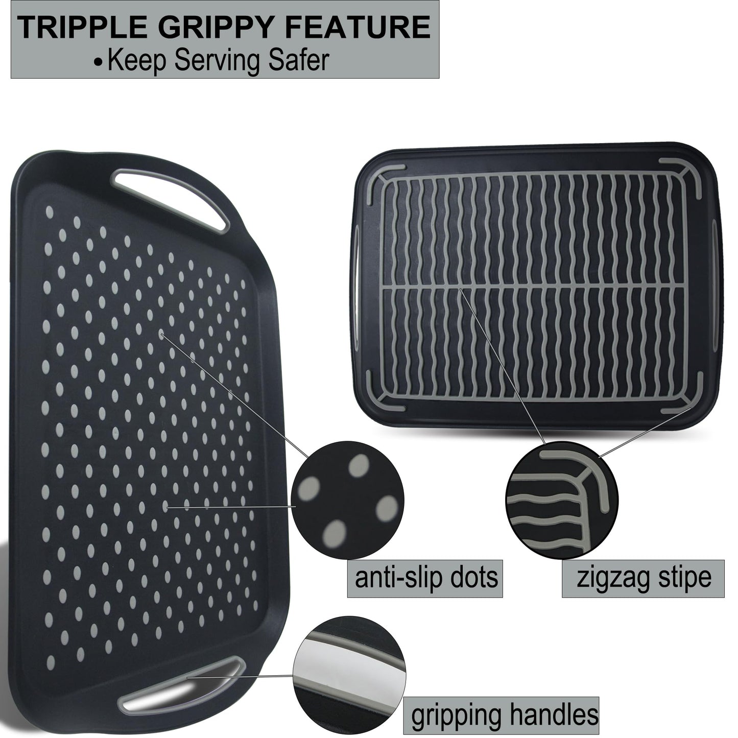 Large Nonslip Serving Tray with Handles, Silicone Grippy Dots Lap Food Trays for Eating, Dishwasher Safe Serve for Breakfast Dinner Snack Fruit Appetizers Beverage, Rectangular, Set of 2, Black