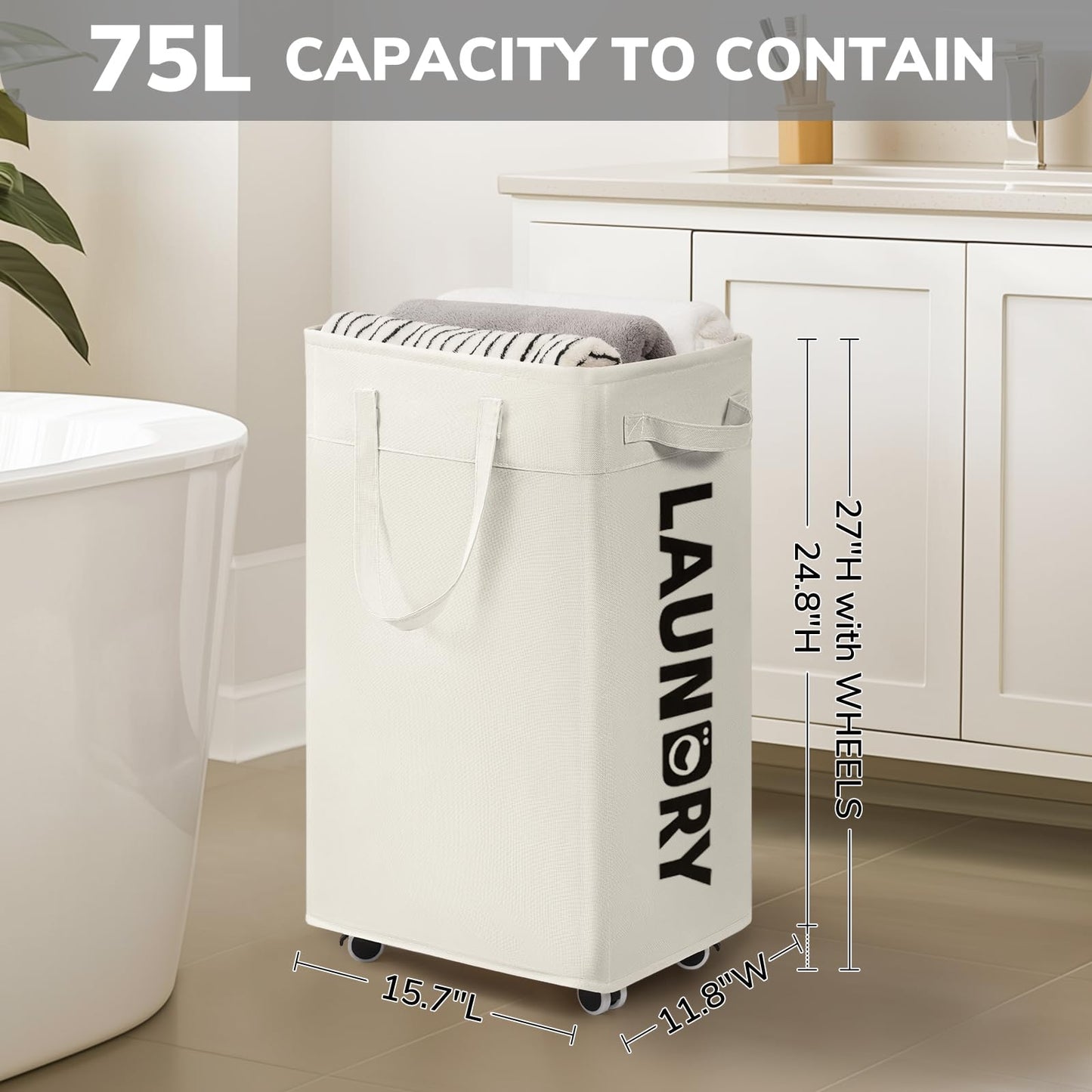 CHICVITA 2-Pack Laundry Baskets with Wheels and Handle,75L Collapsible Clothes Basket with Removable Wash Bags for Dorms and Corners, White Rolling Laundry Hamper