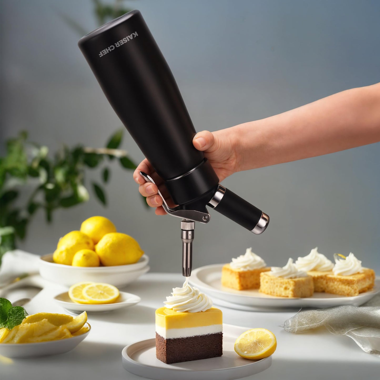 Professional Aluminum Whipped Cream Dispenser - 500 mL/1 Pint,Leak-Free Whipped Cream Maker Canister with 5 Decorating Nozzles & Cleaning Brush - for Desserts, Coffee Foam & Cold Foam (Black, 500ml)