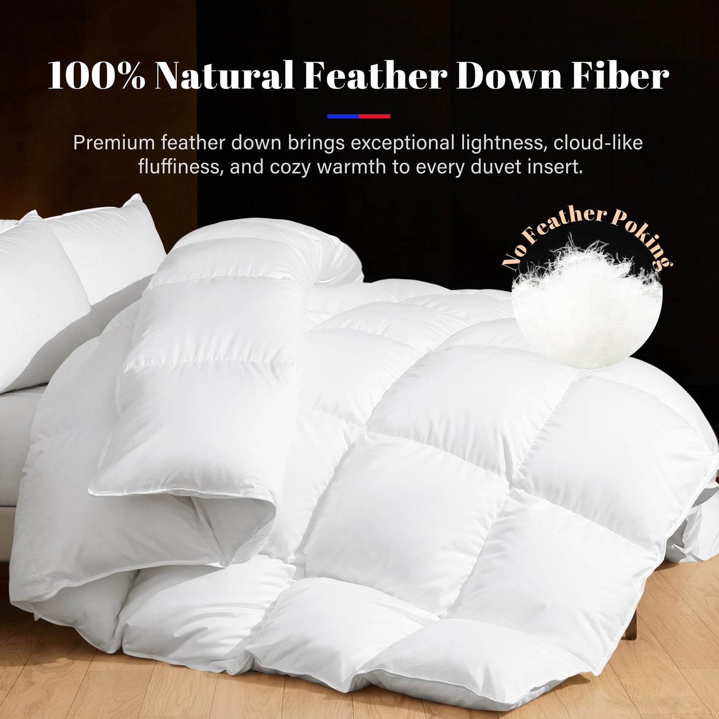 DOWNSTORIA Feather Down Comforter Queen Size Duvet Insert, Light Weight True Baffle-Box Noiseless Bedding Comforters, Soft Hotel Collection Bed Comforter, Medium Warmth - White, 90 X 90 in.