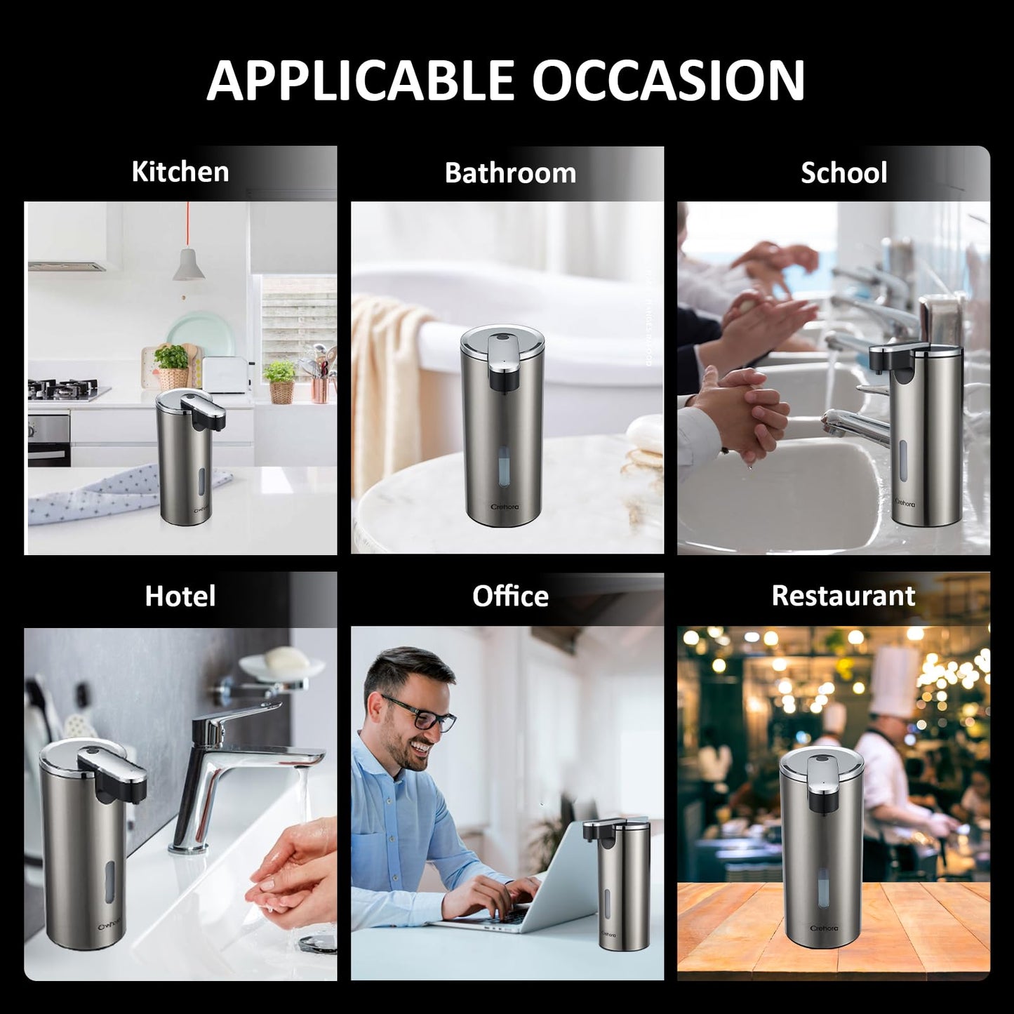 Automatic Soap Dispenser, Automatic Liquid Soap Dispenser Touchless, 12oz/340ml, 3-Level Adjustable, Battery Operated, Water-Resistant for Bathroom, Kitchen and School, Clog-Free, Stainless Steel