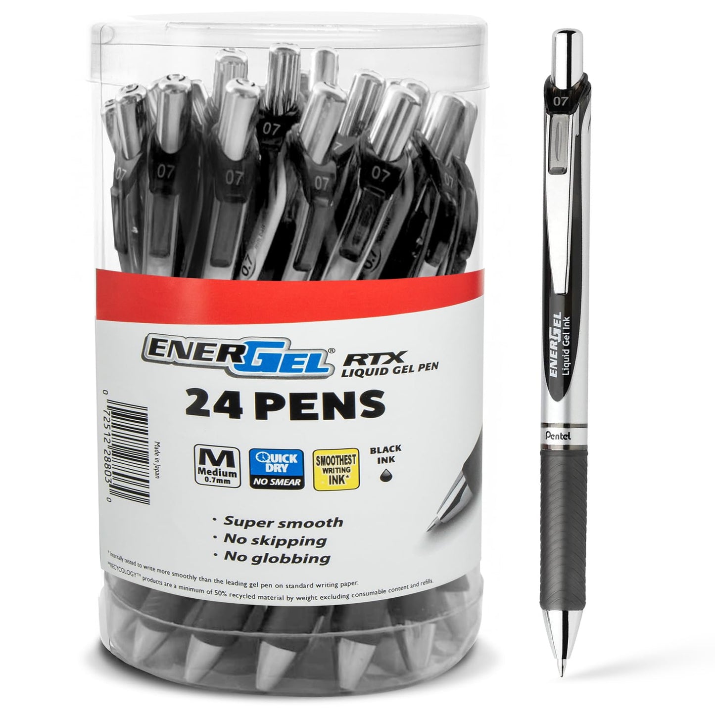 Pentel Energel Liquid Gel Ink Pens 0.7 mm Medium Point, RTX Retractable Metal Tip, Pack of 24