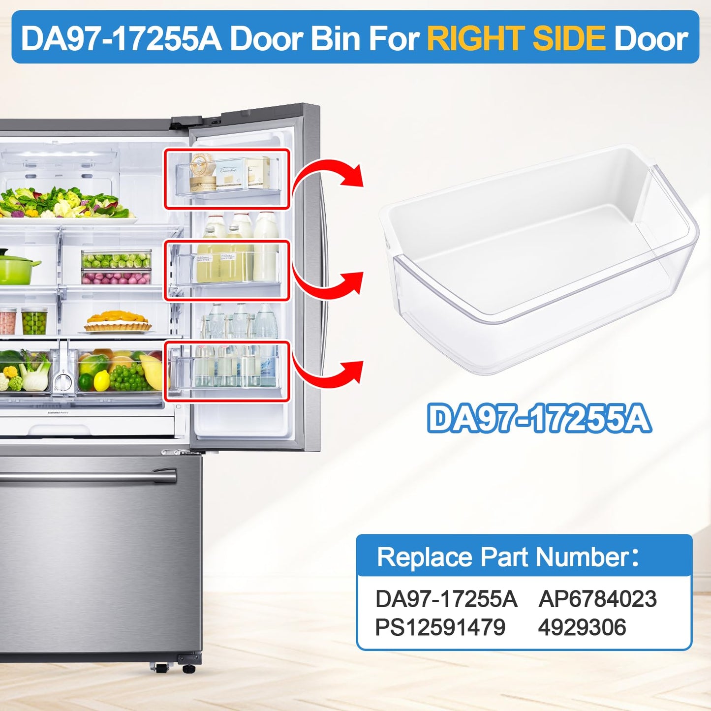 UPGRADED DA97-17255A Refrigerator Door Bin Compatible with Samsung Refrigerator Door Shelf Replacement,Right Fridge Door Shelf Parts AP6784023, RF265BEAESG/AA, RF265BEAESR/AA, RF262BEAESR Door Shelves