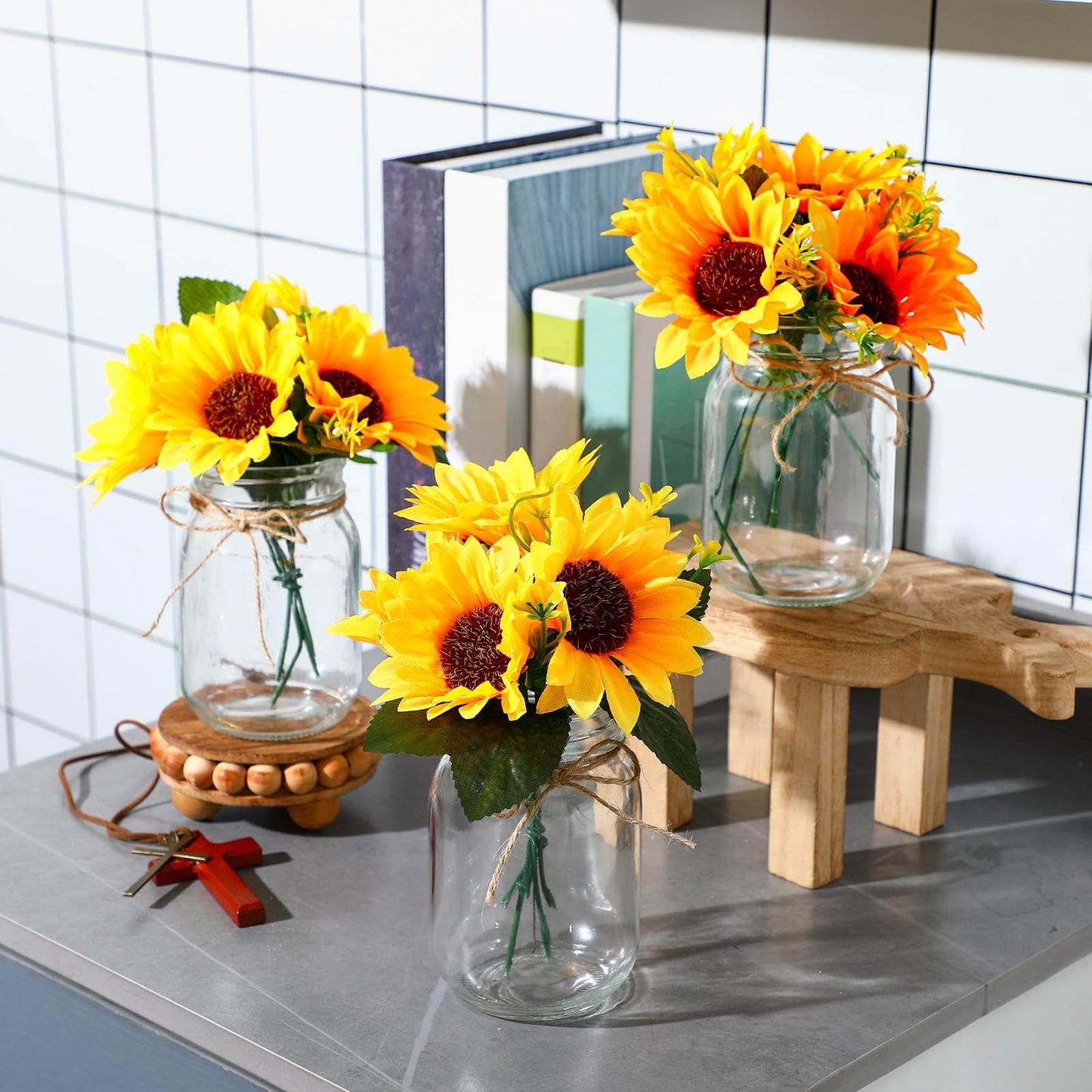 XunYee 10 Set Mason Jar Table Centerpiece with Flower Mason Jar Flower Centerpiece Vases Decor for Engagement Party Bridal Shower Wedding Reception Table Decor(Orange,Sunflower)
