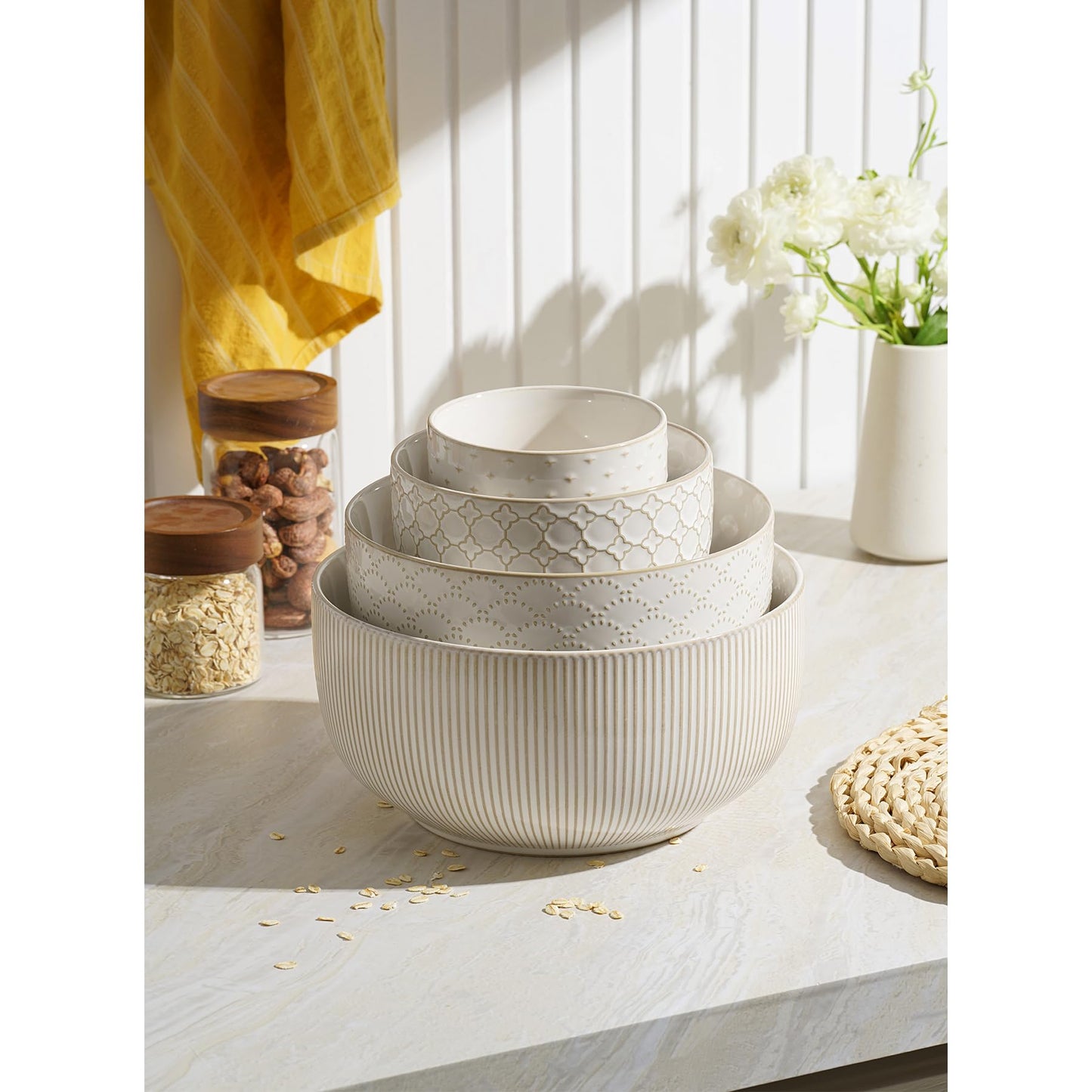 Mikiegy Ceramic Mixing Bowls Set of 4, Nesting Ceramic Embossment Stoneware Mixing Bowls for Cooking, Serving, Popcorn, Salad etc, Microwave & Dishwasher Safe, 20/44/98/145 oz, Off-White