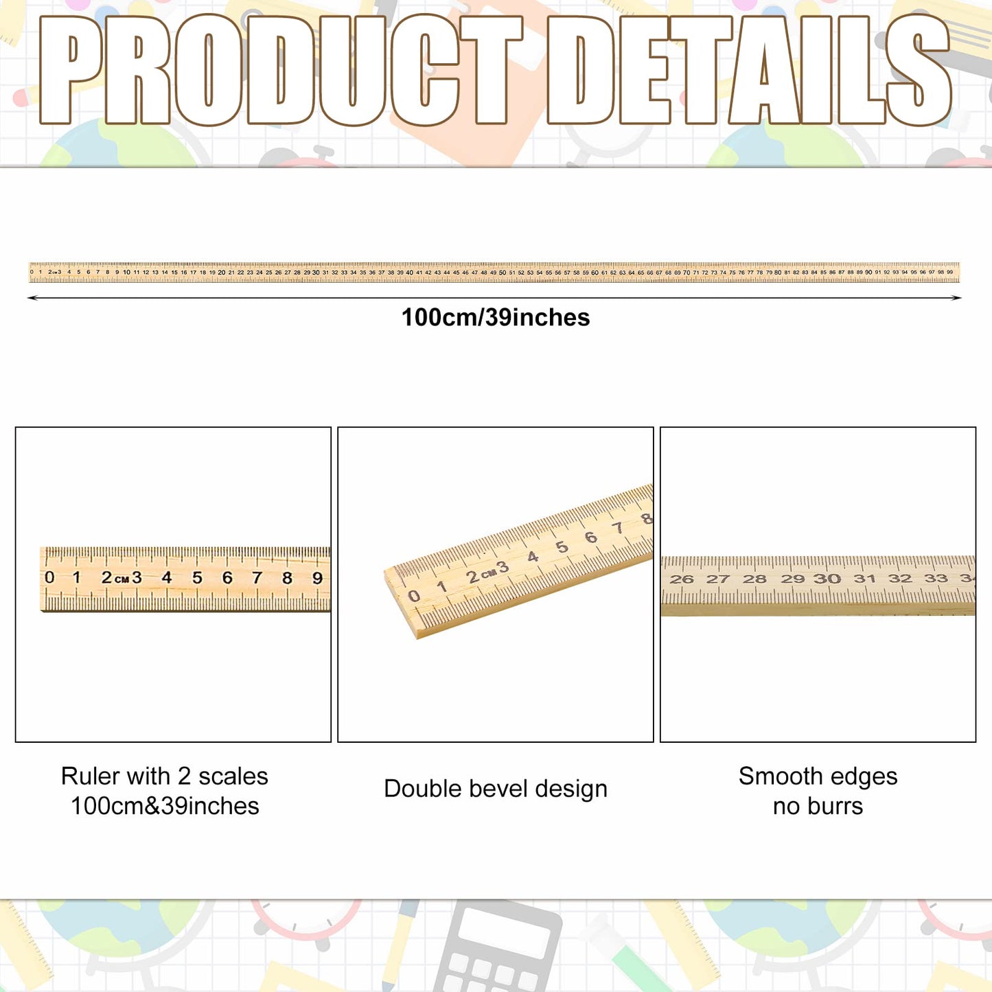 Treela 24 Pack 39 Inches Meter Stick Wood Ruler Economy Yard Stick Double Sided Heavy Duty Thick Meter for School Classroom Home Office Kids Clothing Measuring