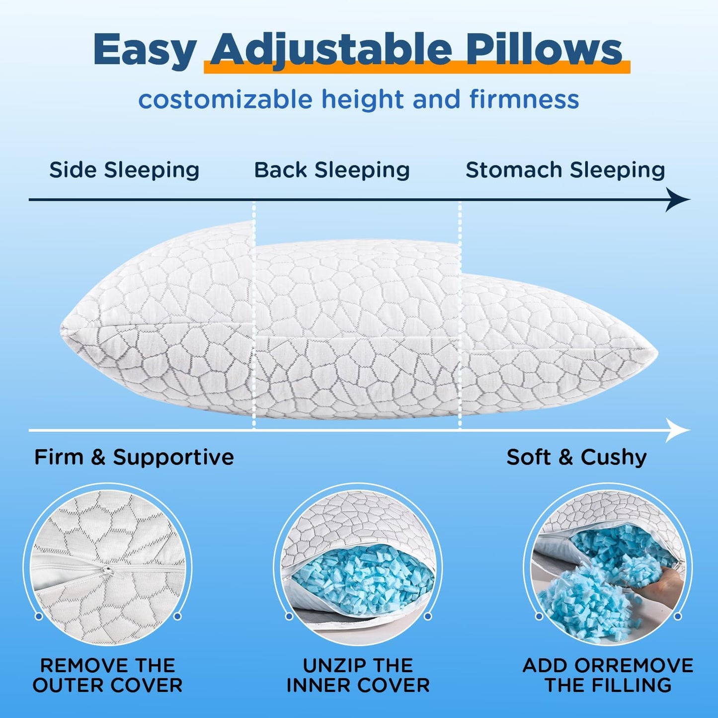 Side Sleeper Pillow for Neck and Shoulder Pain Relief, Cervical Neck Support Pillow for Side Sleepers, Cooling Shredded Memory Foam Pillows for Hot Back Sleepers, Adjustable Curved Queen Bed Pillows