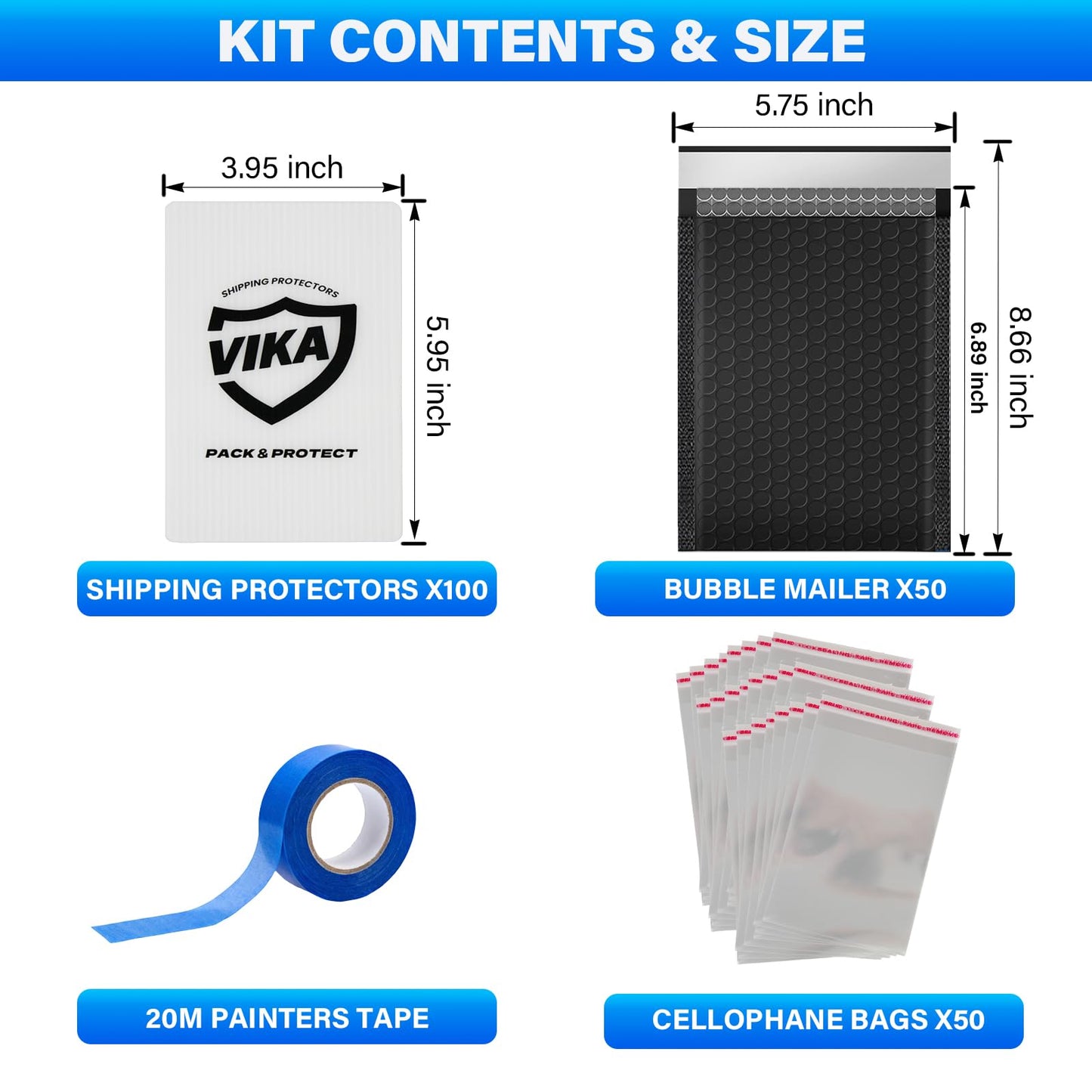 Trading Card Shipping Kit - 100 Pcs 4''x6'' Trading Card Shipping Protectors, 50 Pcs 6''x8.7'' Envelope Bubble Mailers, 20M Painter’s Tape, 50 Cellophane Bags, Fits PSA/BGS/CGC Slabs, Raw Cards