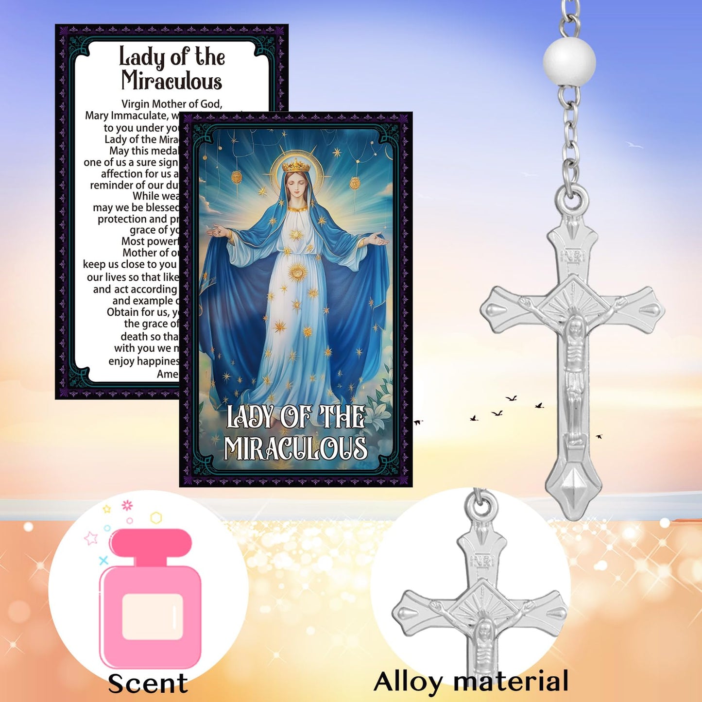Sayglossy 10/20/30 Set Catholic Religious Gifts Set Rosary Christian Cross Necklace with Saint Prayer Cards & Organza Bags - Bulk First Communion, Baptism, Confirmation, Lent Favors(Bead,Ivory,30)